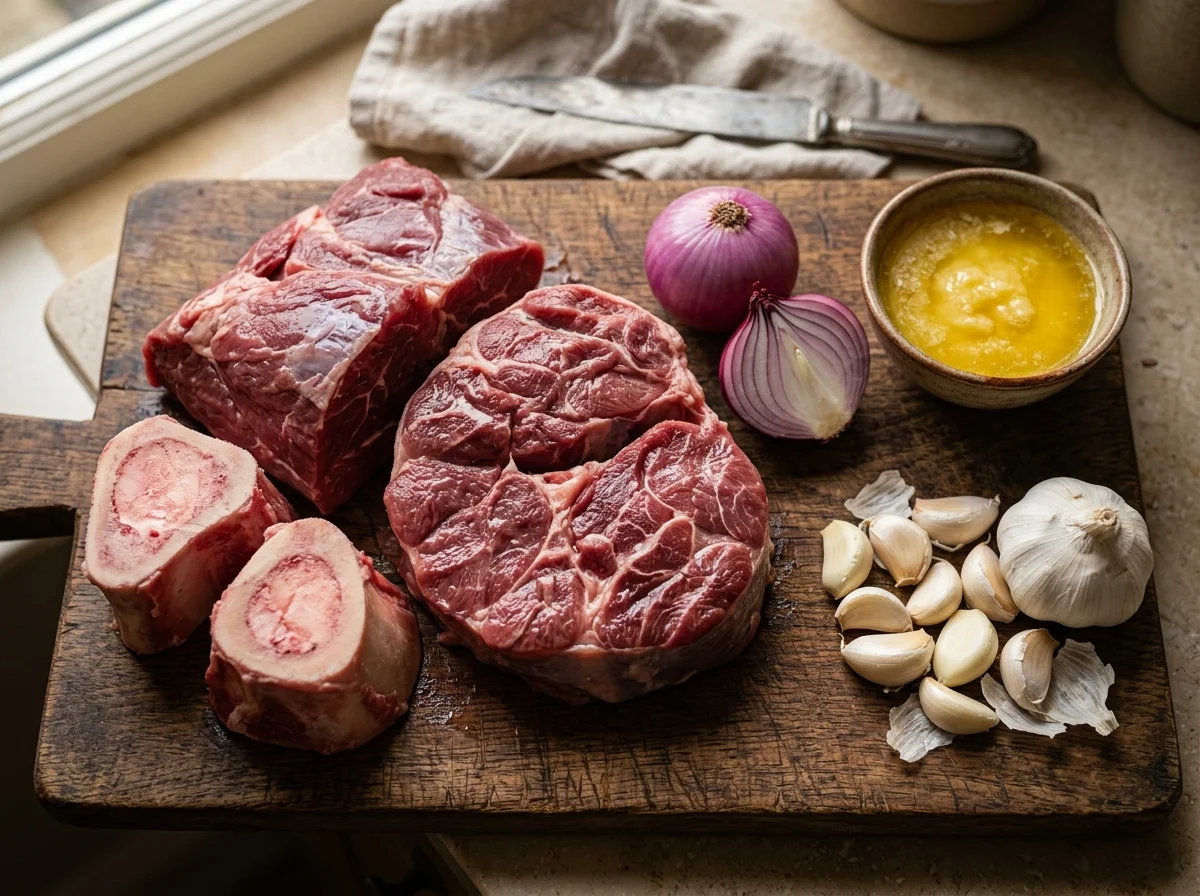 ニハリの主要食材。牛すね肉の塊、骨髄付き牛骨、玉ねぎ、ギーが木製のまな板に並んでいる