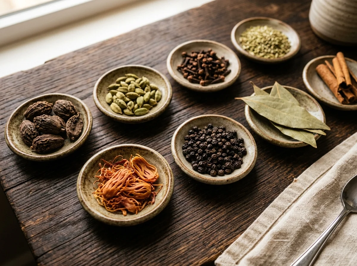 ニハリマサラの自家配合スパイス。ブラックカルダモン、グリーンカルダモン、クローブ、フェンネルシード、シナモンスティックが小皿に並ぶ
