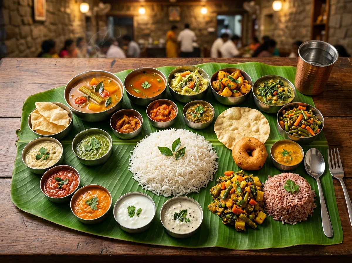 南インドのバナナの葉の上に盛られたターリー