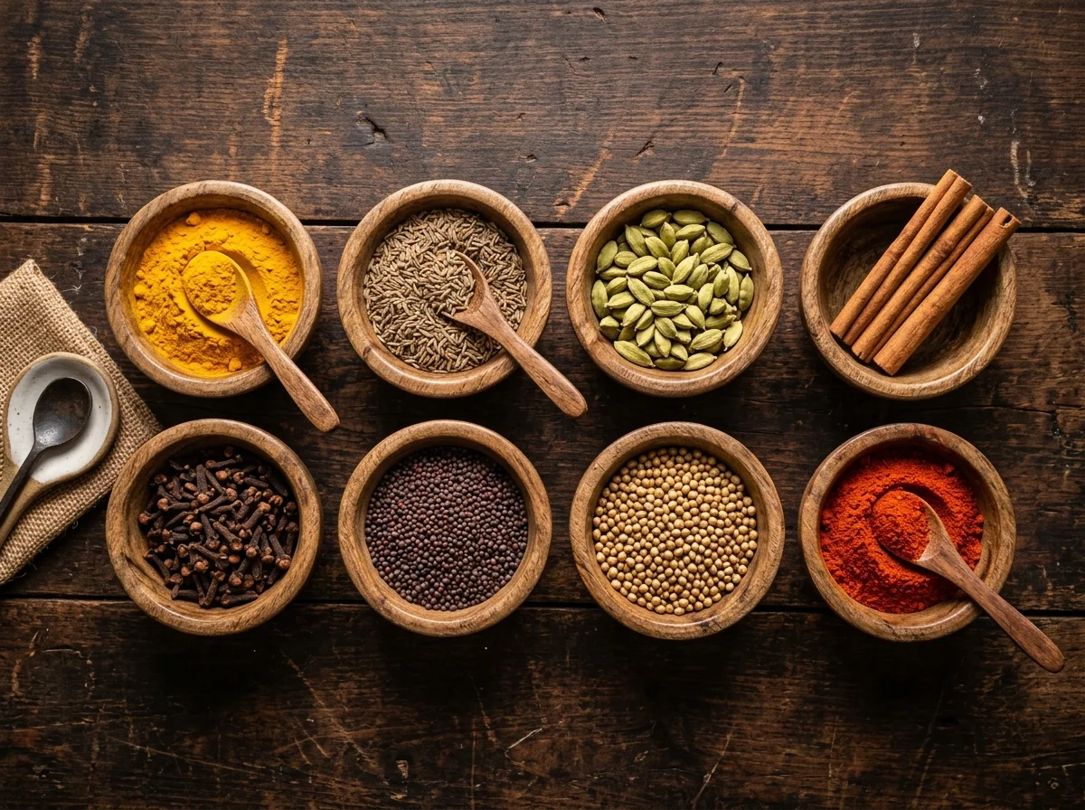 インド料理の主要スパイスが小さな木の器に並ぶ