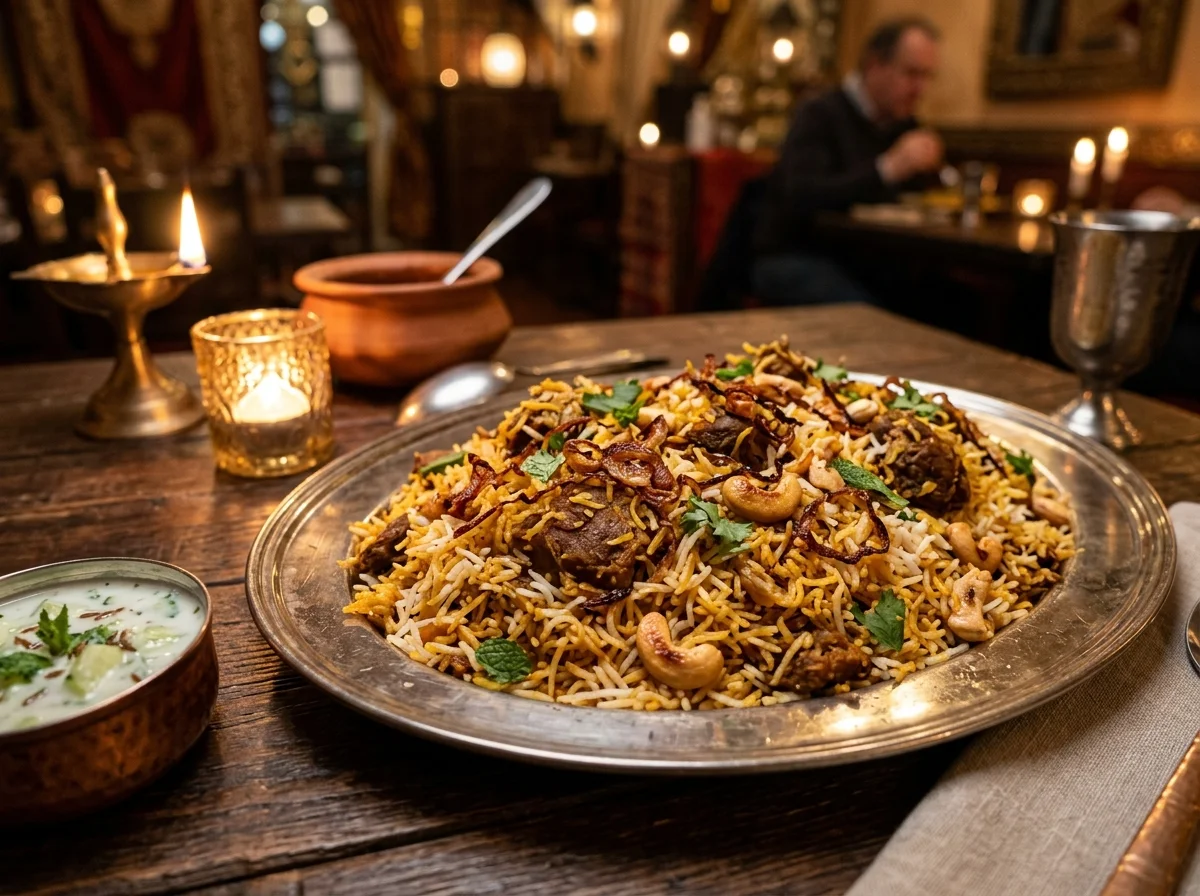 ビリヤニ。サフランの黄金色が美しい炊き込みご飯