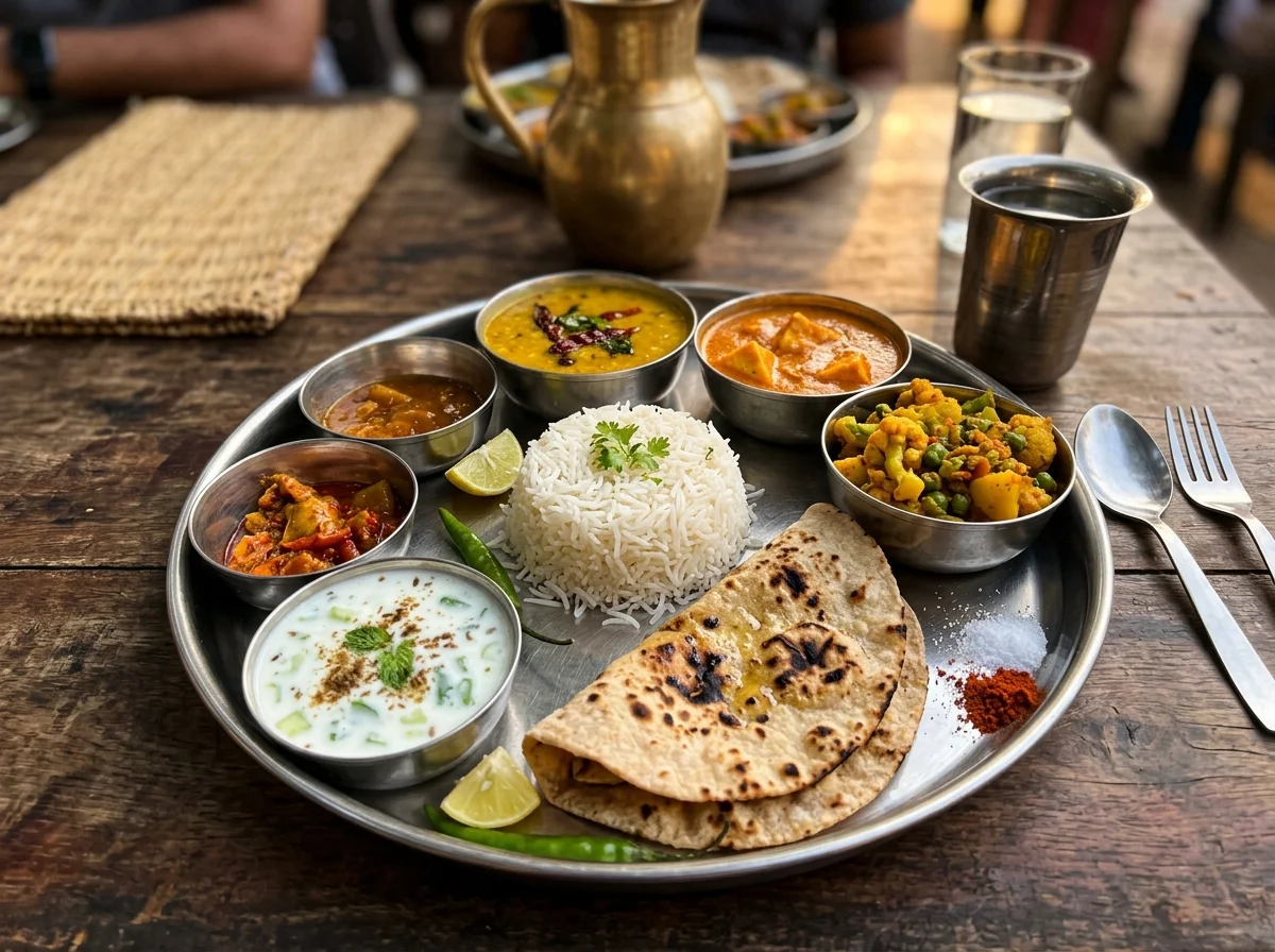 インドの菜食料理ターリー。ダール・サブジ・チャパティが並ぶ
