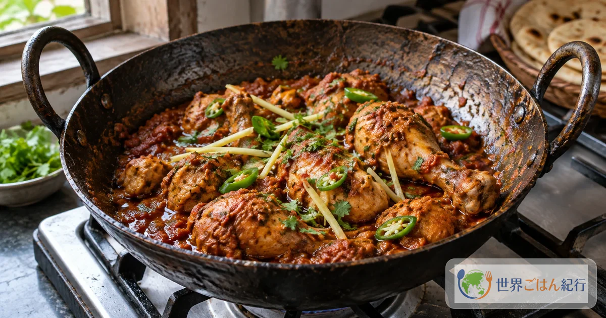 카라히 냄비 안에서 걸쭉한 토마토 소스를 두른 뼈 있는 닭고기 위에 채 썬 생강, 청고추, 고수를 올린 치킨 카라히
