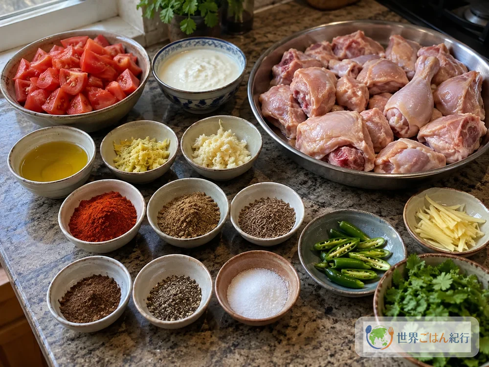 치킨 카라히에 쓰는 뼈 있는 닭고기, 토마토, 요구르트, 생강, 마늘, 향신료
