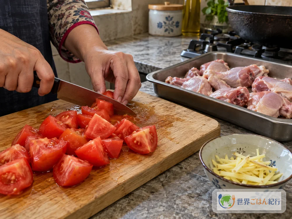 뼈 있는 닭고기 토막과 큼직하게 썬 토마토, 채 썬 생강