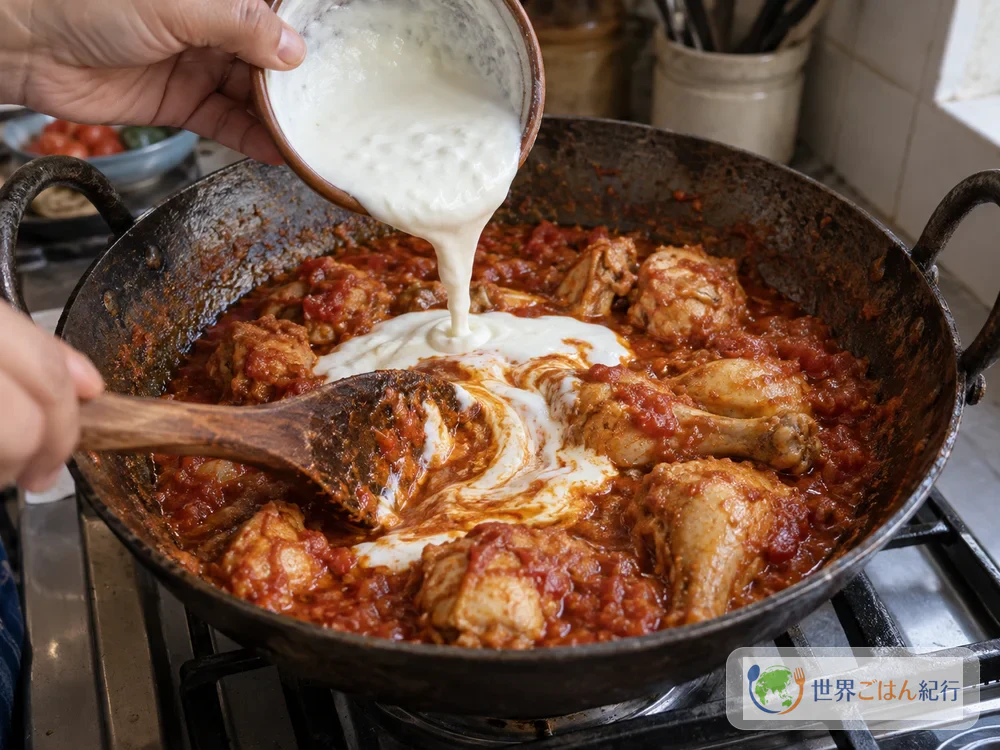 뭉개진 토마토 소스에 요구르트를 넣고 섞는 모습
