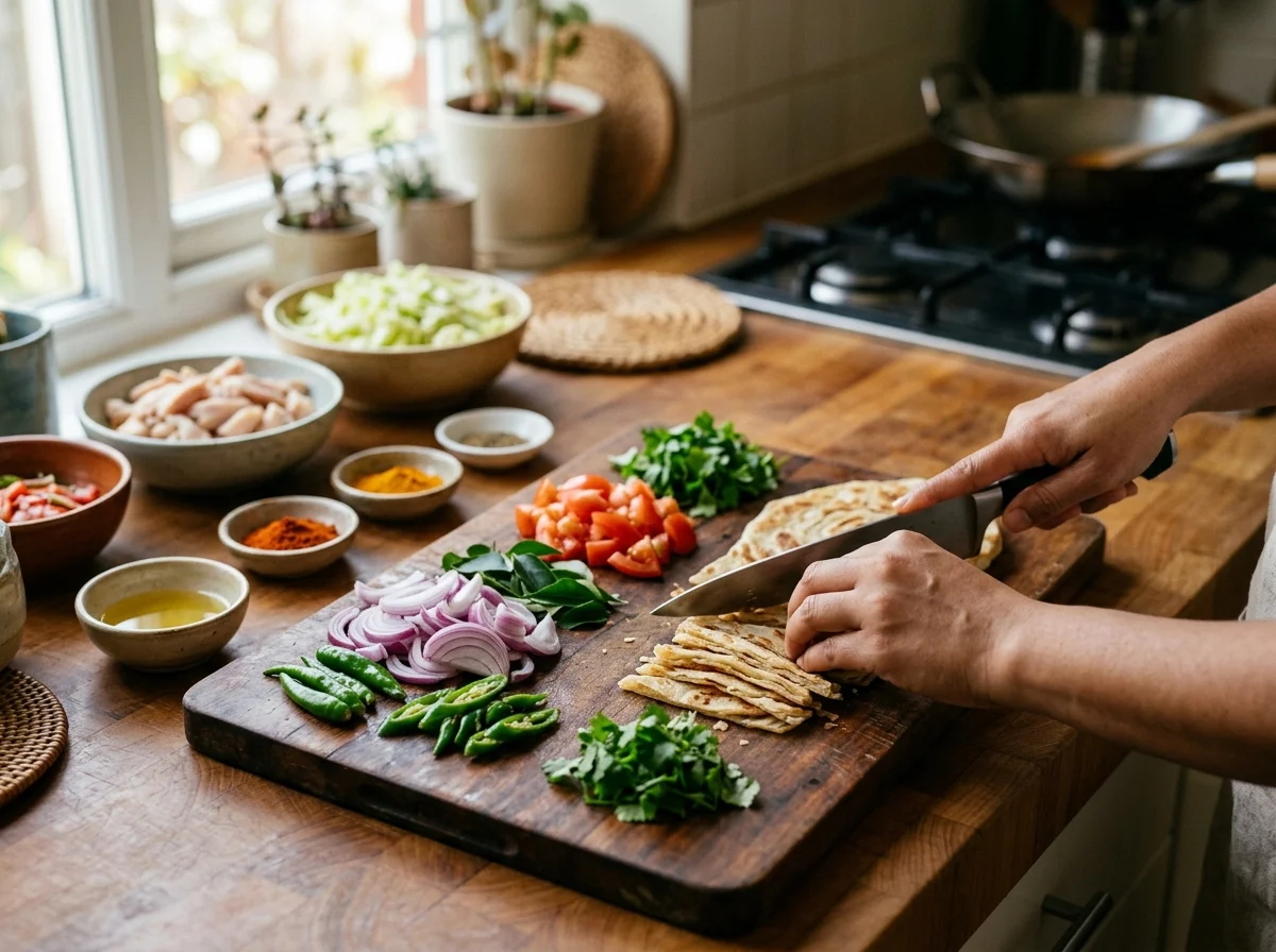 コットゥロティ|スリランカの鉄板屋台飯の調理工程ステップ1