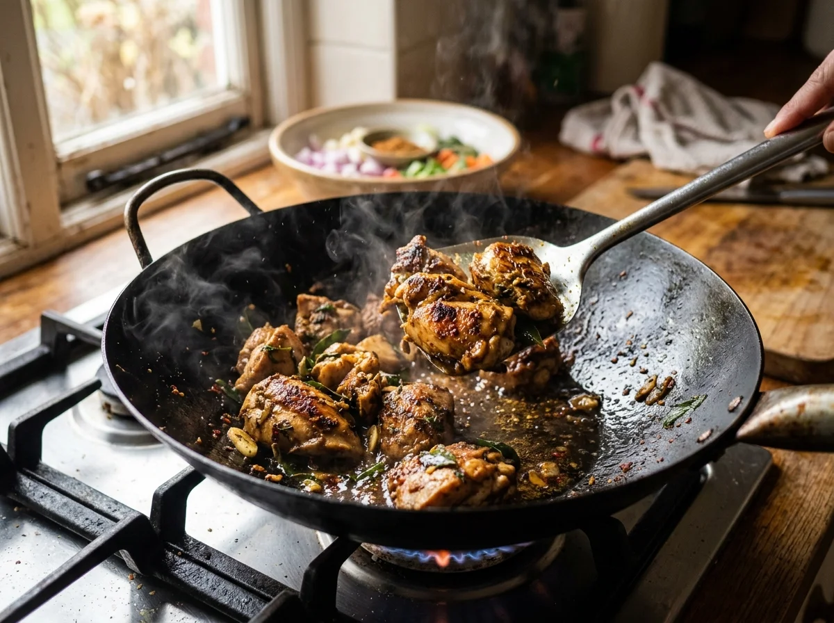 コットゥロティ|スリランカの鉄板屋台飯の調理工程。大きめのフライパン(できれば中華鍋か鉄板)を強火で熱し、油大さじ2を引く。下味をつけた鶏肉を入れ、焼き色がつくまで3〜4