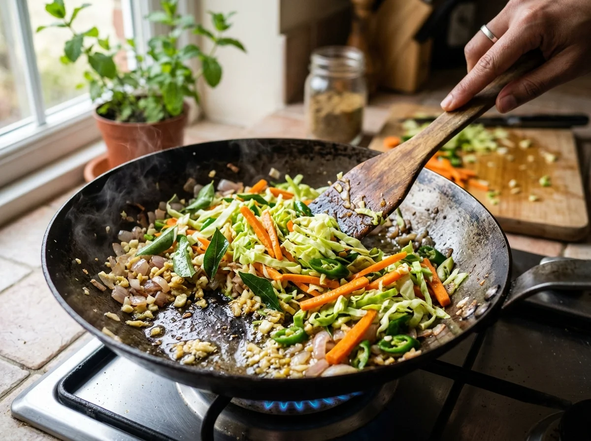 コットゥロティ|スリランカの鉄板屋台飯の調理工程。同じフライパンに油大さじ1を足し、にんにく、生姜、カレーリーフを入れて30秒炒める。香りが立ったら玉ねぎを加え、2分炒め