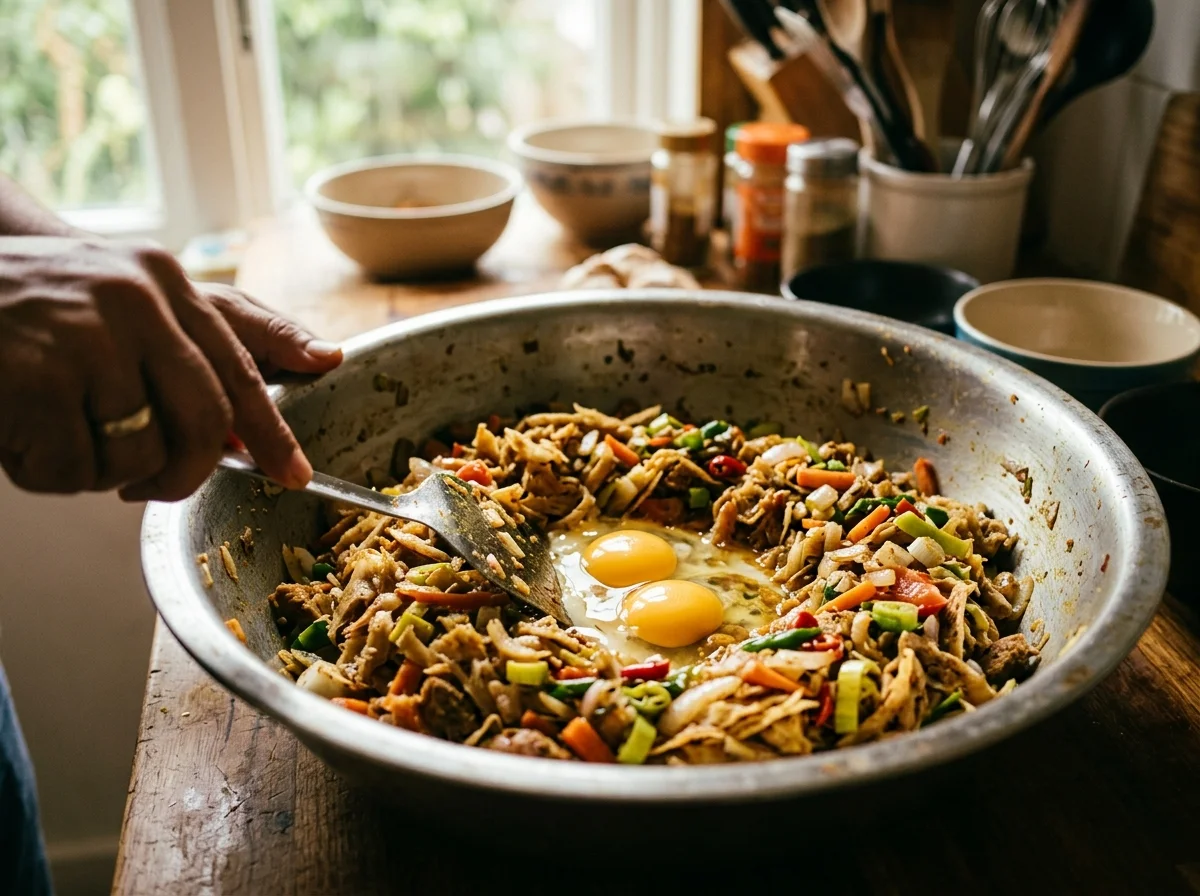 コットゥロティ|スリランカの鉄板屋台飯の調理工程。フライパンの中央にスペースを作り、卵2個を割り入れる。10秒ほど待ってから、ヘラで崩しながら全体に混ぜ込む。卵がロティと