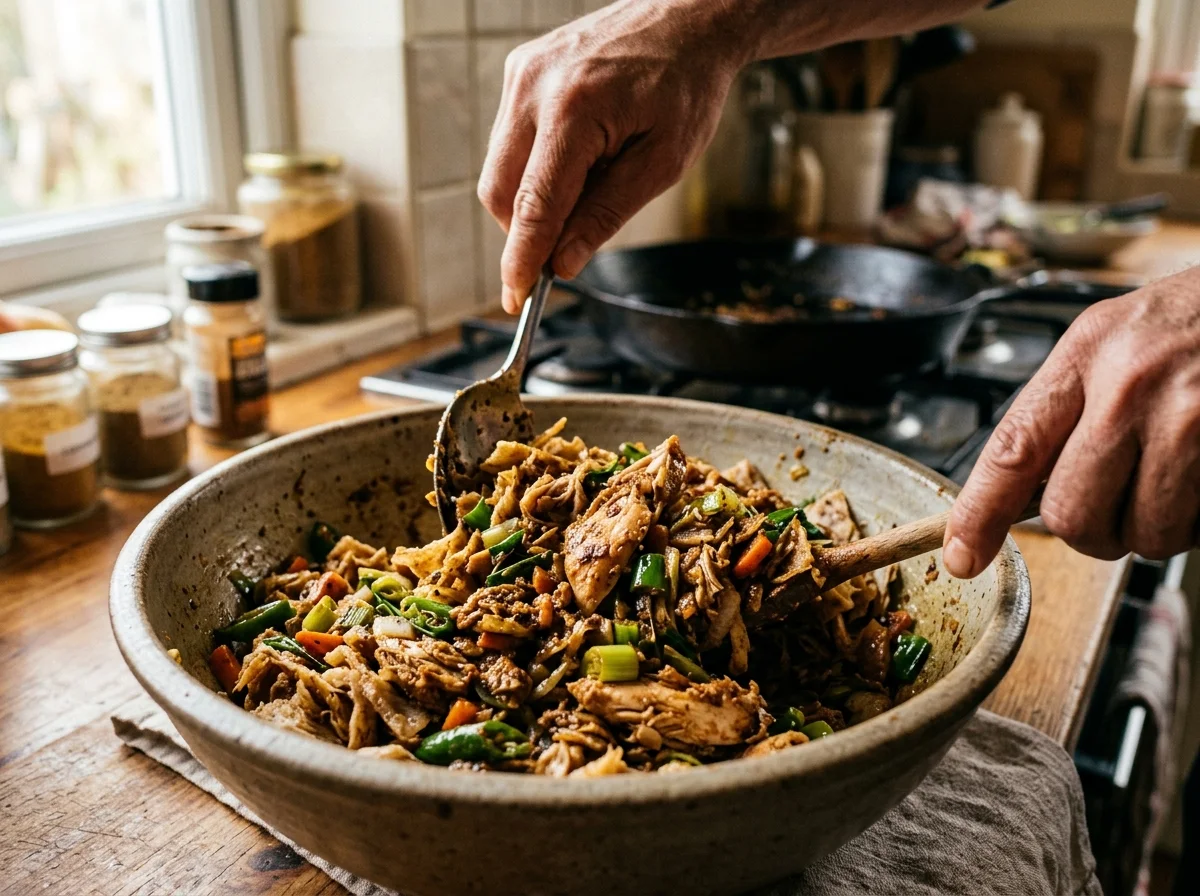 コットゥロティ|スリランカの鉄板屋台飯の調理工程。取り出しておいた鶏肉を戻し、カレーパウダー大さじ1/2、チリパウダー、醤油、塩、黒こしょうを加える。全体を30秒ほど強火