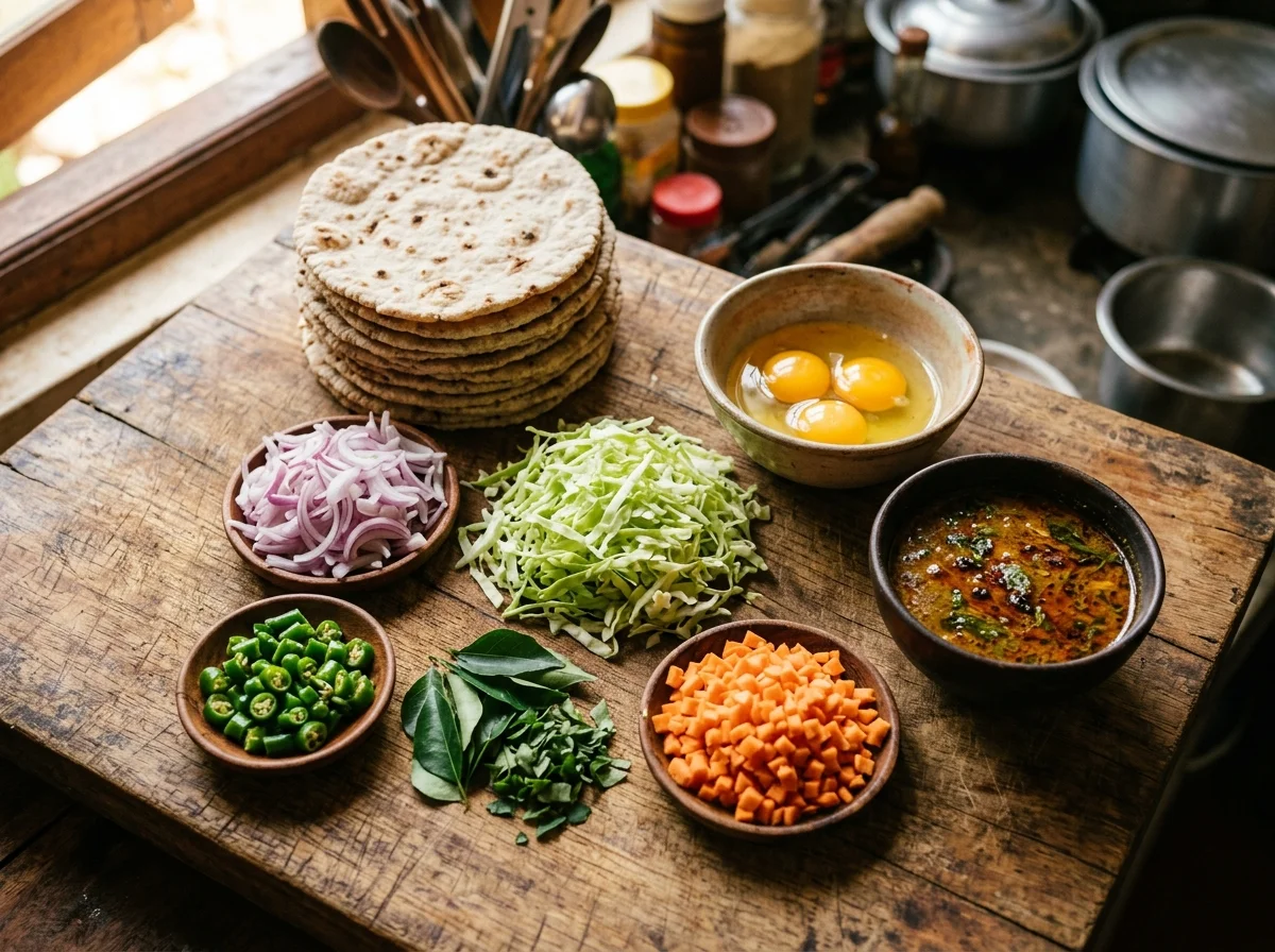 コットゥロティの材料。ゴダンバロティ、キャベツ、玉ねぎ、にんじん、卵、カレーリーフが木のまな板に並ぶ