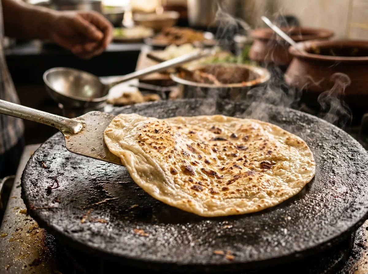 鉄板の上で焼かれるゴダンバロティ。黄金色の表面にスパチュラが当てられている