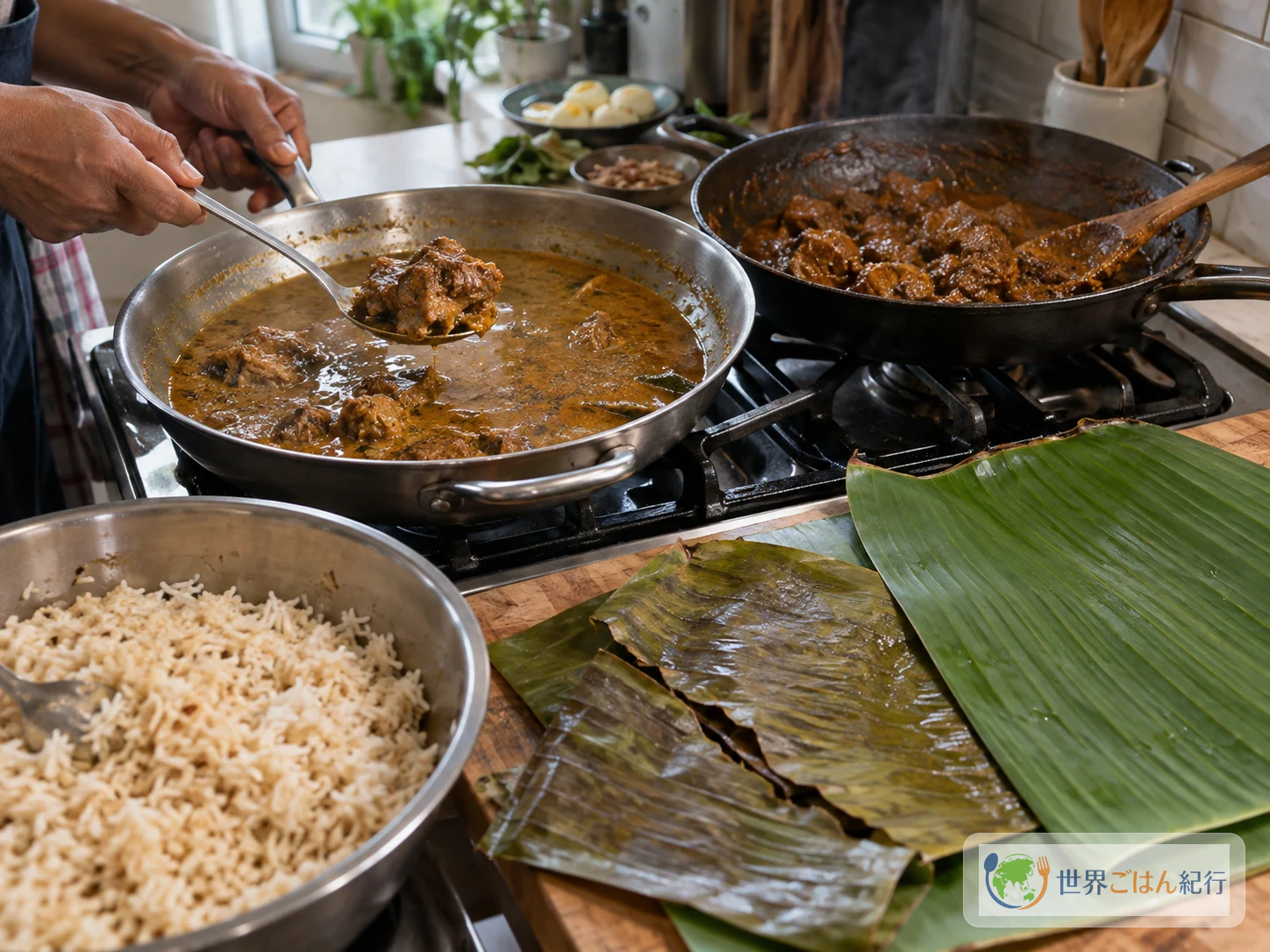 ランプライスの肉カレー、米、ナス、シーニサンボルを別皿へ戻して濃度を調整する調理台
