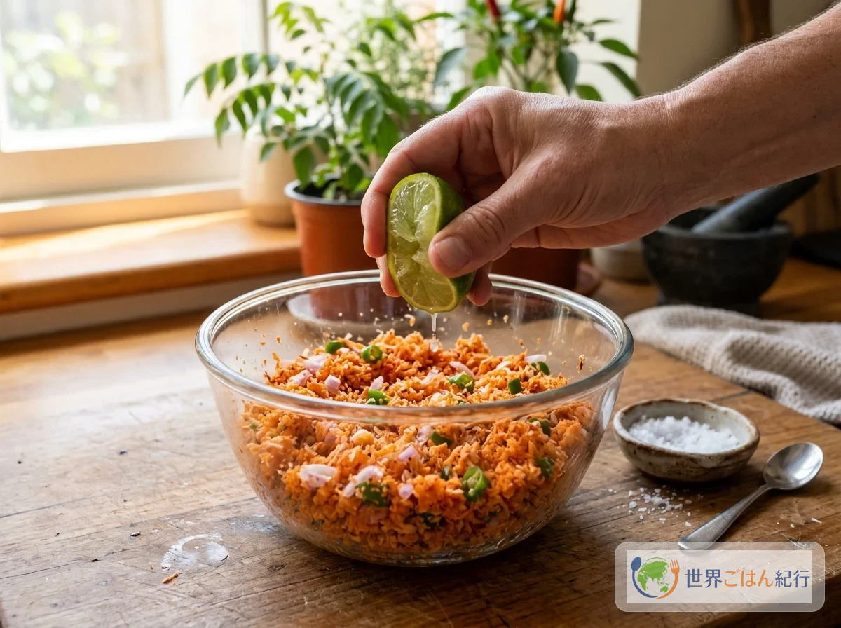 폴 삼볼에 라임을 짜고 맛을 보며 소금과 신맛을 맞추기