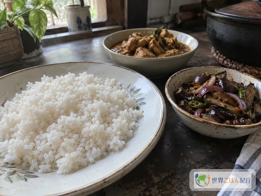 白いごはんとワンバトゥ・モージュ、鶏カレーを小皿に分けた食卓