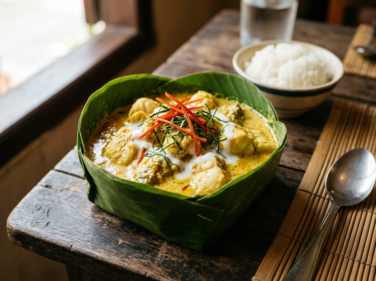 カンボジアの国民食アモック。バナナの葉の器に盛られた魚のココナッツカレー蒸し