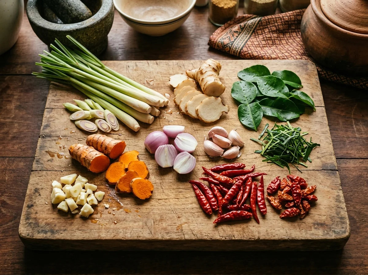 クロユンの材料。レモングラス、ガランガル、コブミカンの葉、エシャロットなどが並んでいる