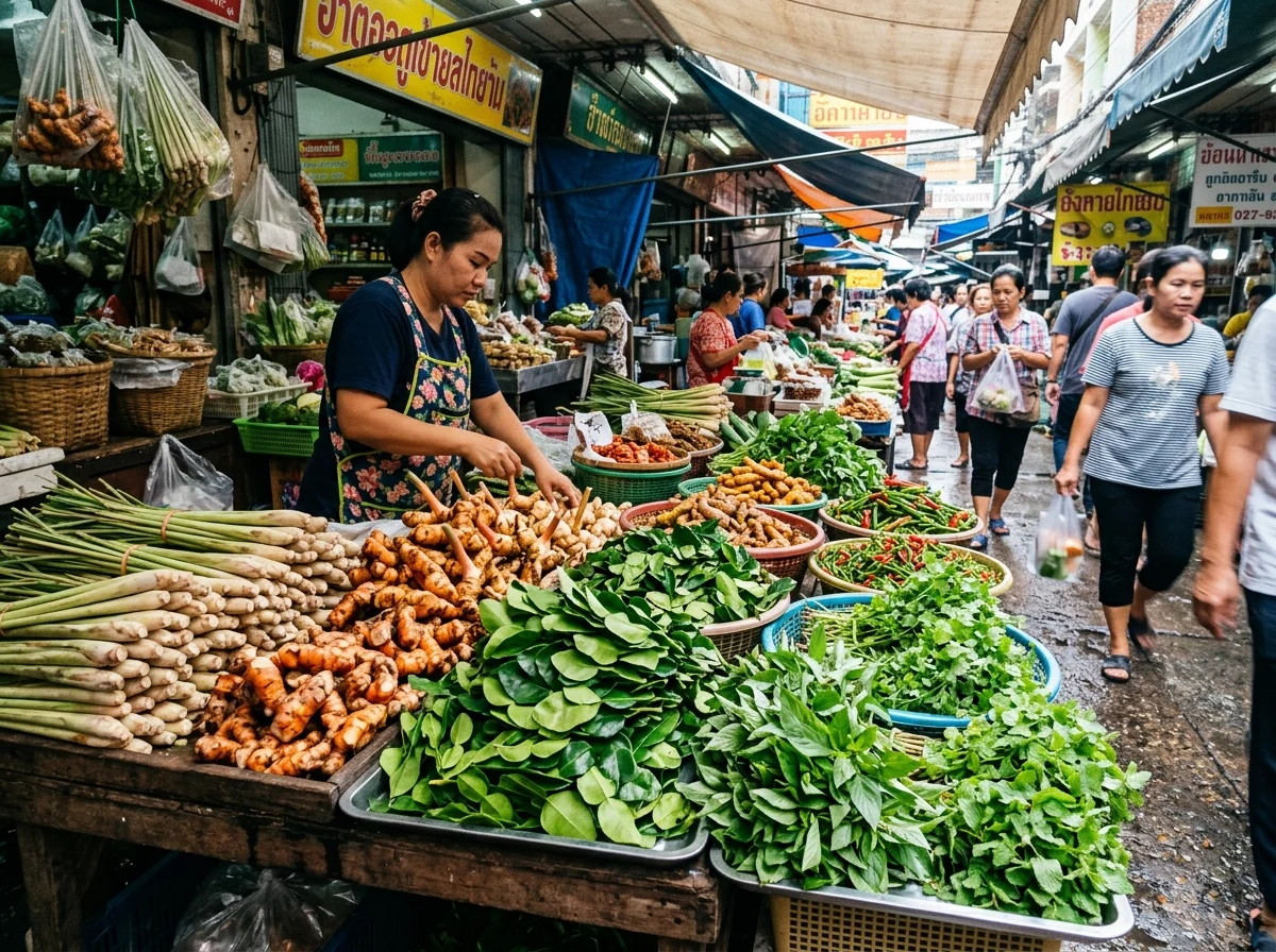 プノンペンの市場でクロユンの材料を売っている光景