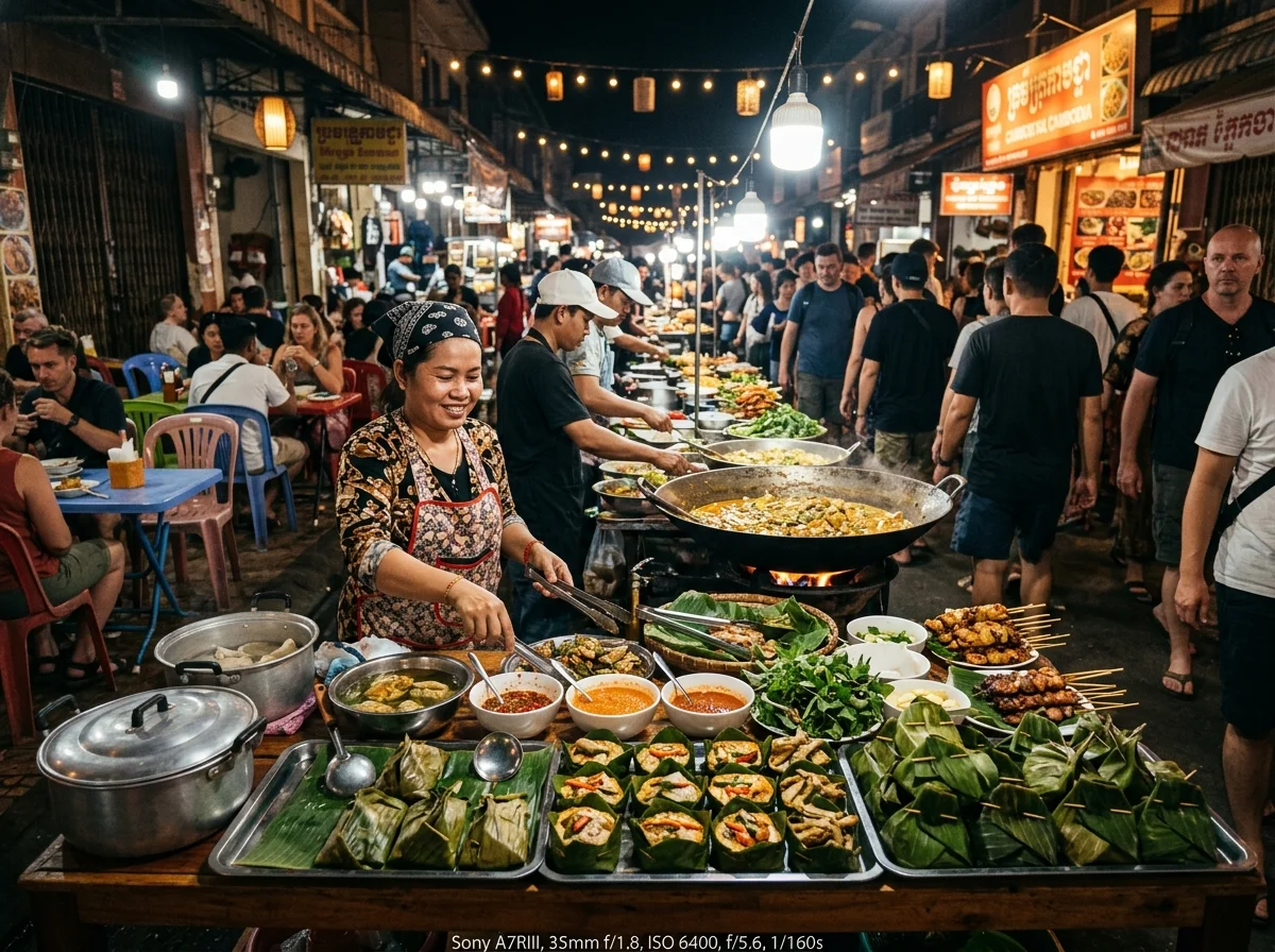 シェムリアップのナイトマーケットでアモックを提供する屋台