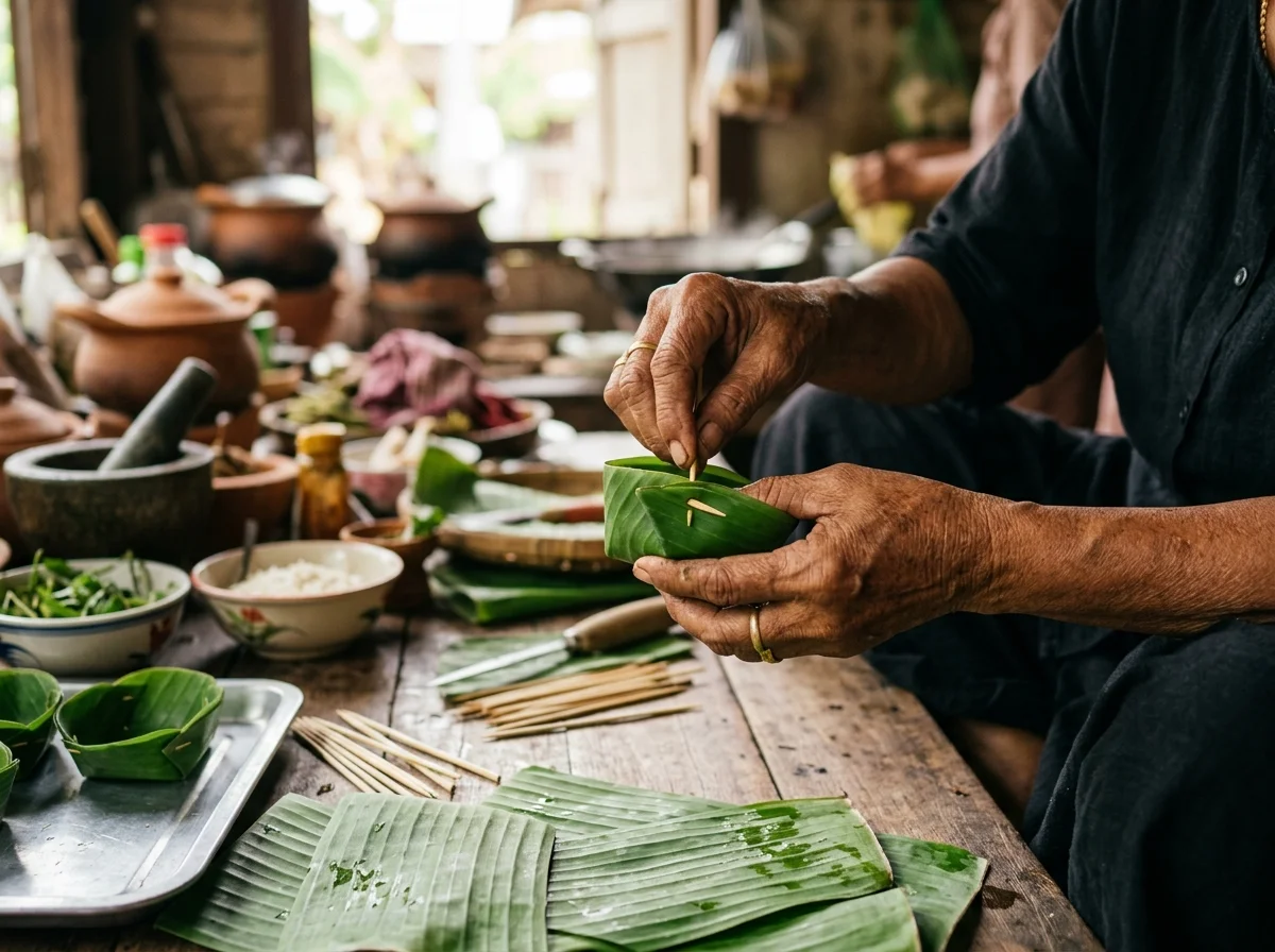 手順4: バナナの葉で器を作る(5分)