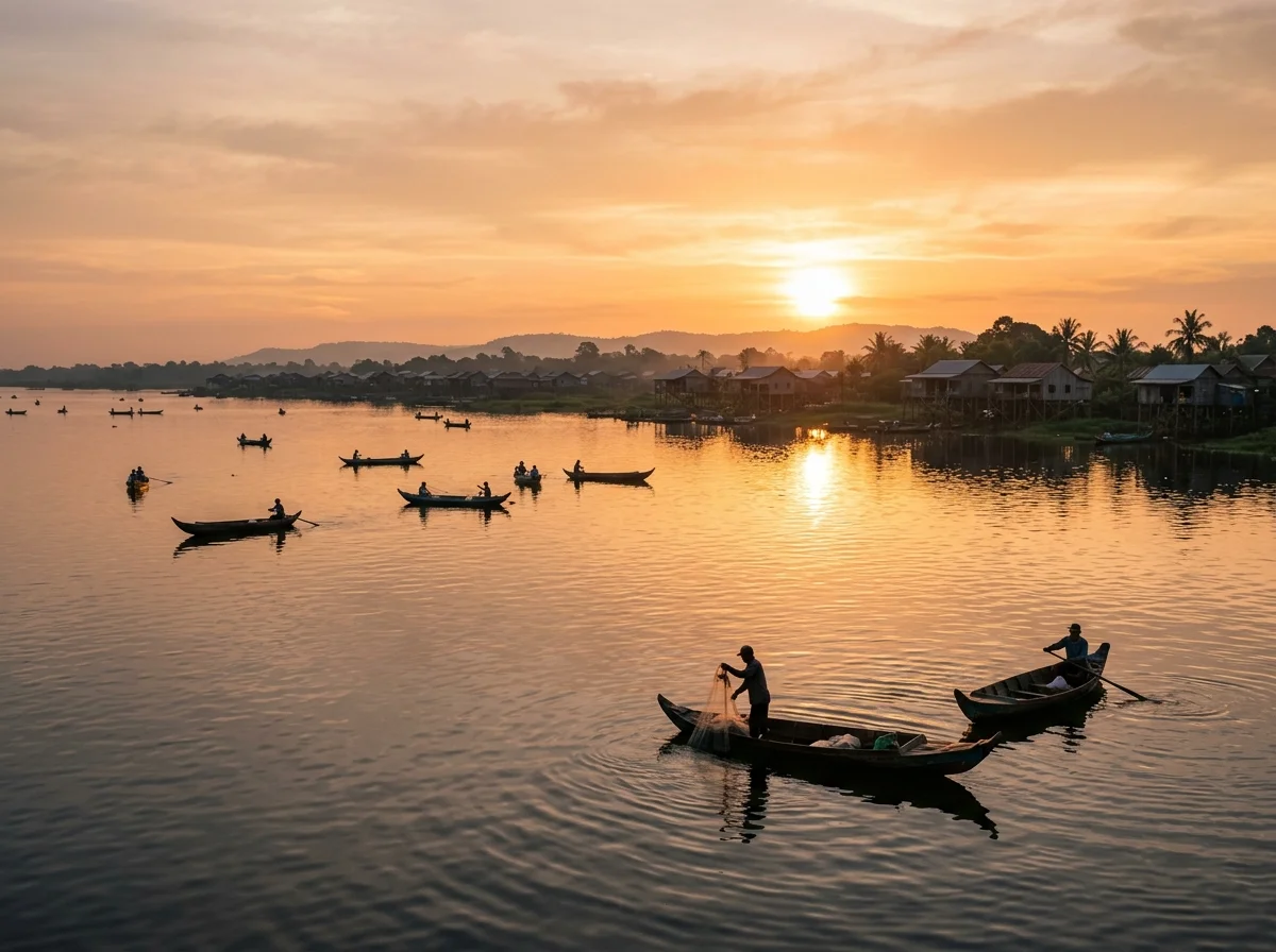 カンボジアのトンレサップ湖の漁村風景