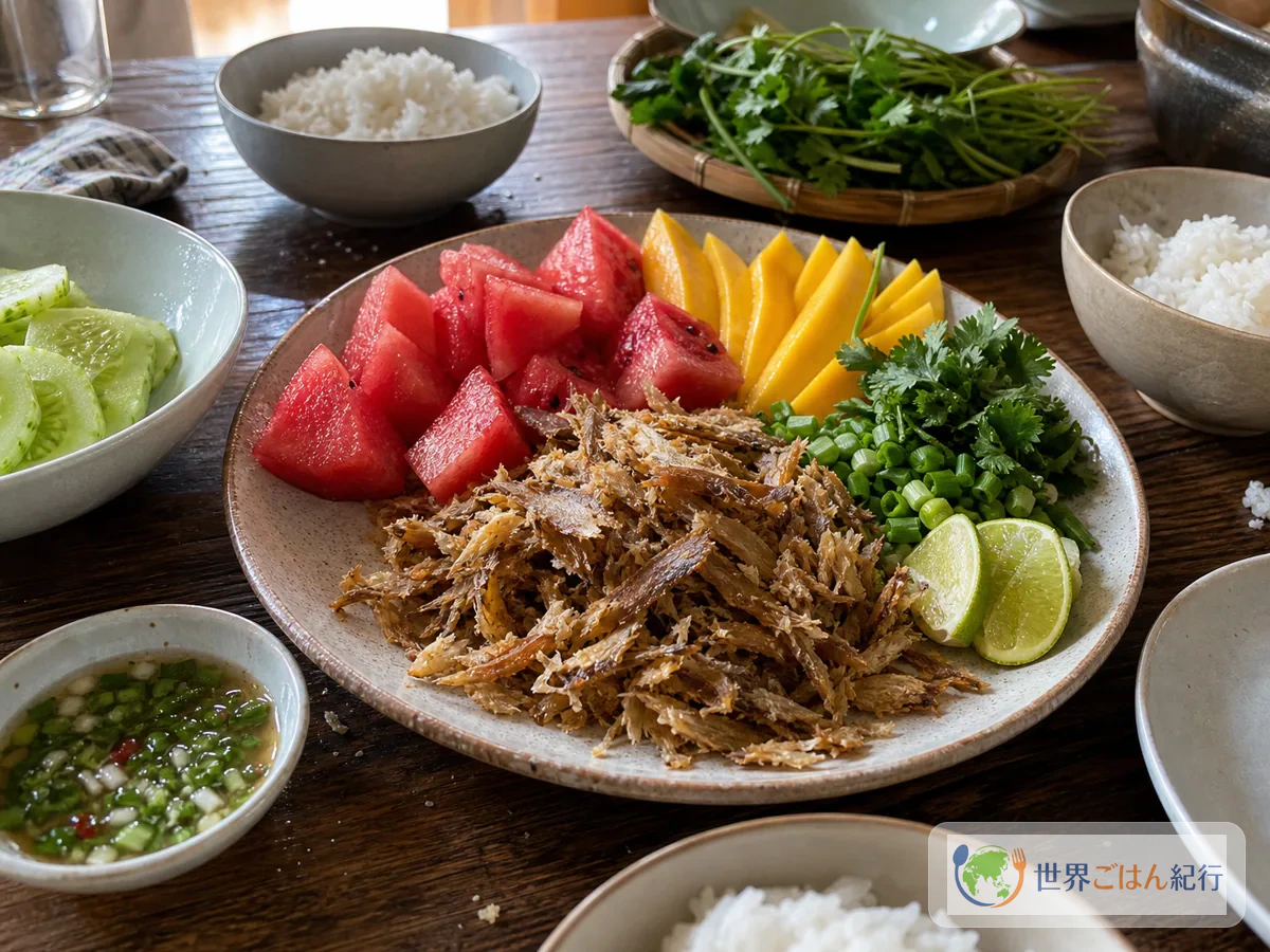アルック・トレイ・ンギートをご飯、ライムだれ、香草と囲むカンボジア風の食卓