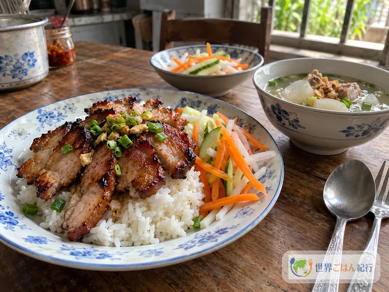 ご飯と焼き豚、甘酢漬け、鶏のスープを並べたカンボジアの朝の食卓