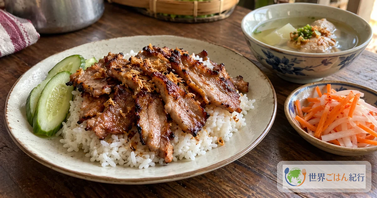 白いご飯の上に照りよく焼いた薄切り豚肉をのせ、甘酢漬けの野菜と小さなスープを添えたバイサッチュルーク