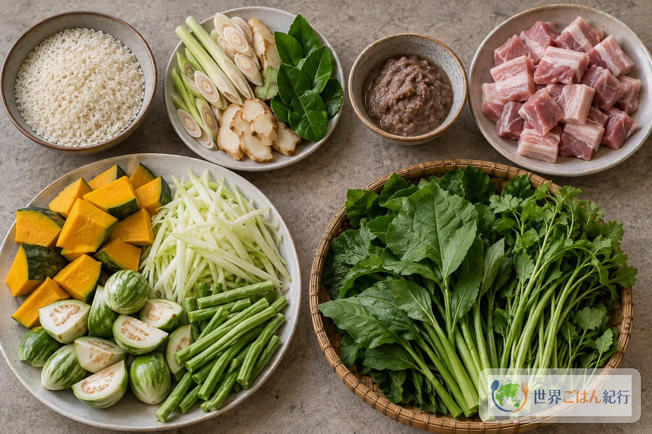 サムロー・コルコの材料を役割別に分け、香味野菜、発酵魚、肉、野菜を準備した様子