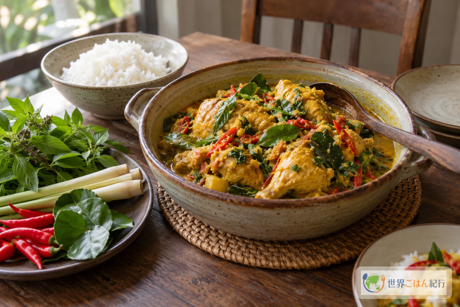 ウォクの鍋と白いご飯、赤唐辛子、ケマンギを並べたマナド料理の食卓