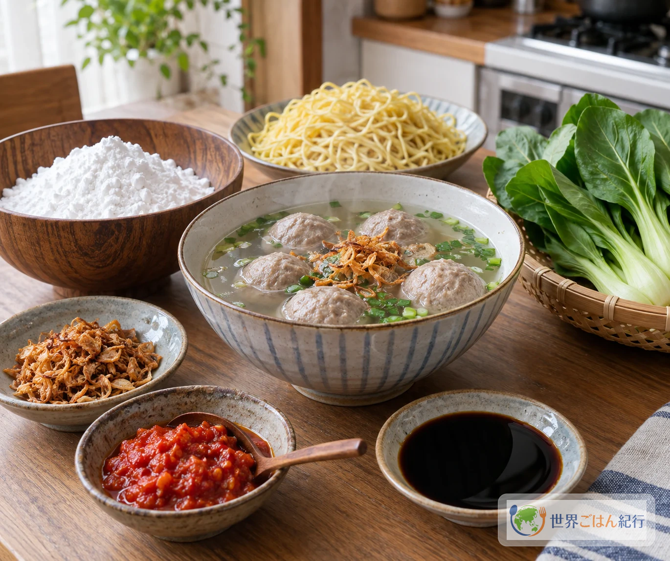 バクソの椀、タピオカスターチ、サンバル、黄色い麺、青菜を並べた家庭の食卓