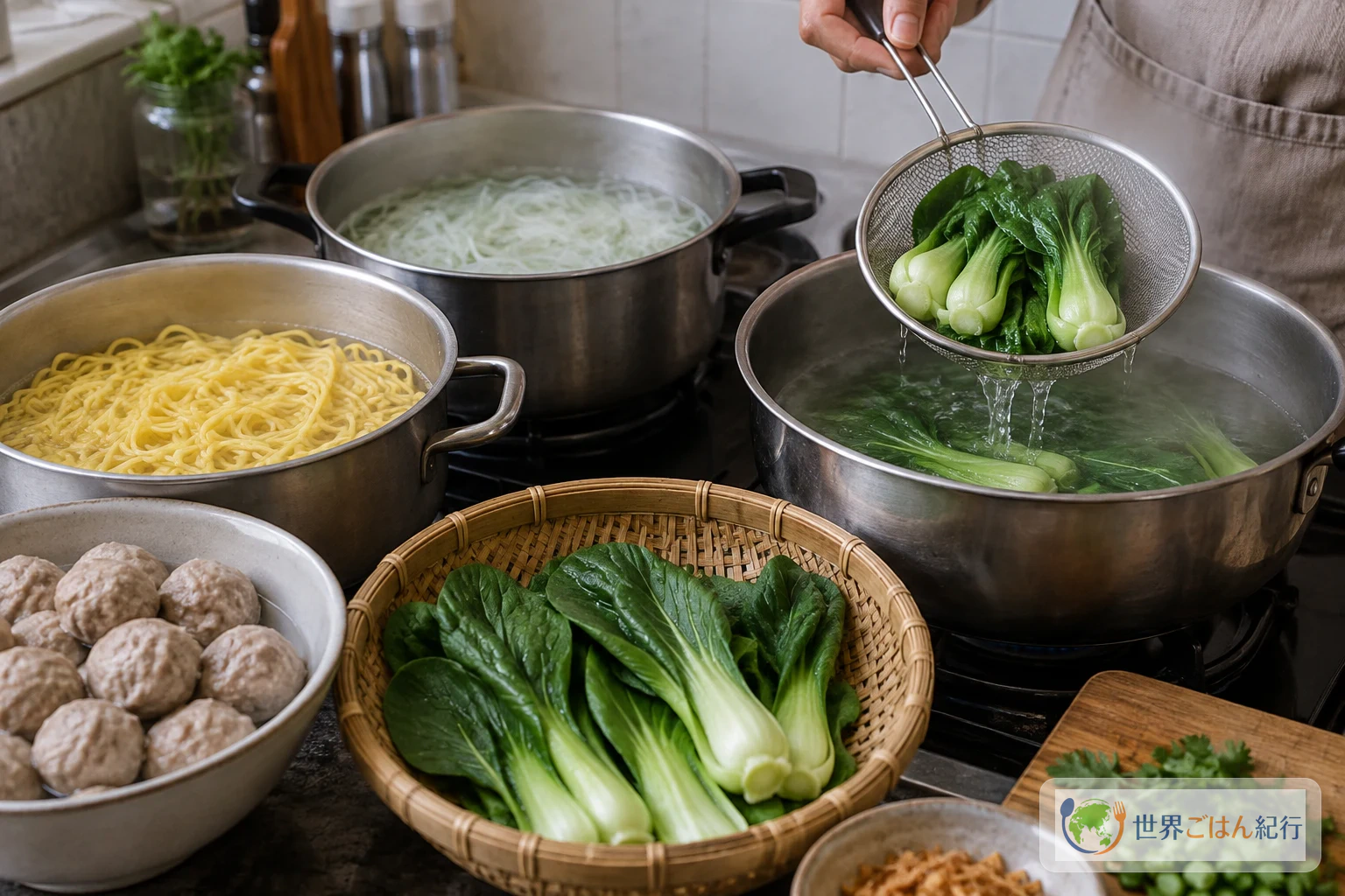 手順4: 麺と青菜を別にゆで、だしを仕上げる