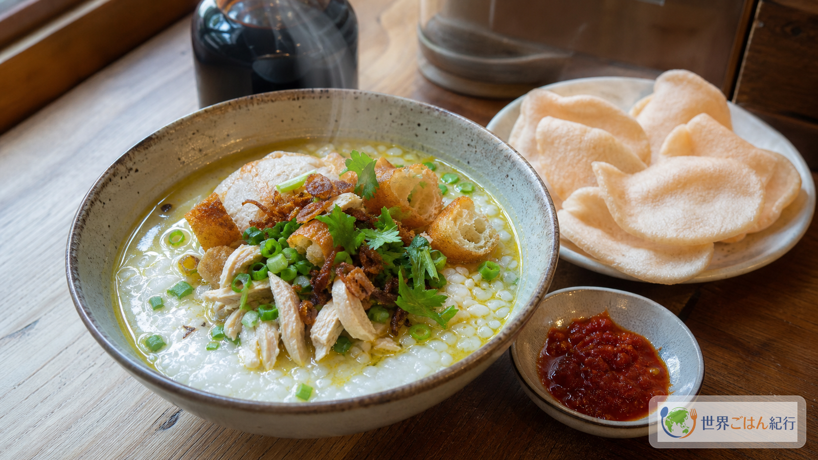 鶏肉、揚げ玉ねぎ、青ねぎ、クルプックをのせたインドネシアのブブルアヤム