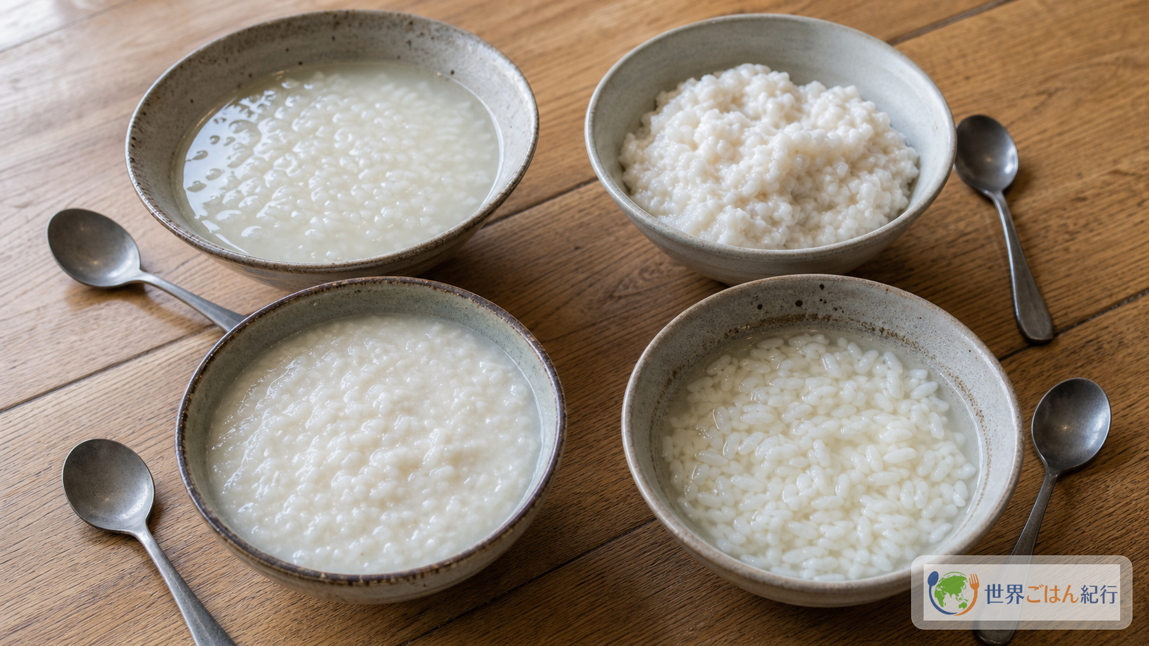 水っぽい粥、固すぎる粥、ちょうどよい粥を小鉢で比べた失敗比較