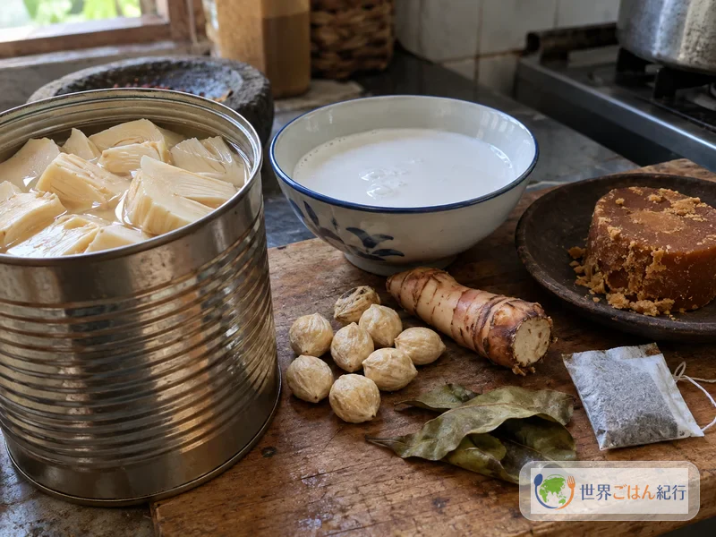 डिब्बाबंद कच्चा कटहल, नारियल का दूध, ताड़ की चीनी, कैंडलनट, गलंगल, सलाम पत्ते और चाय का टी-बैग