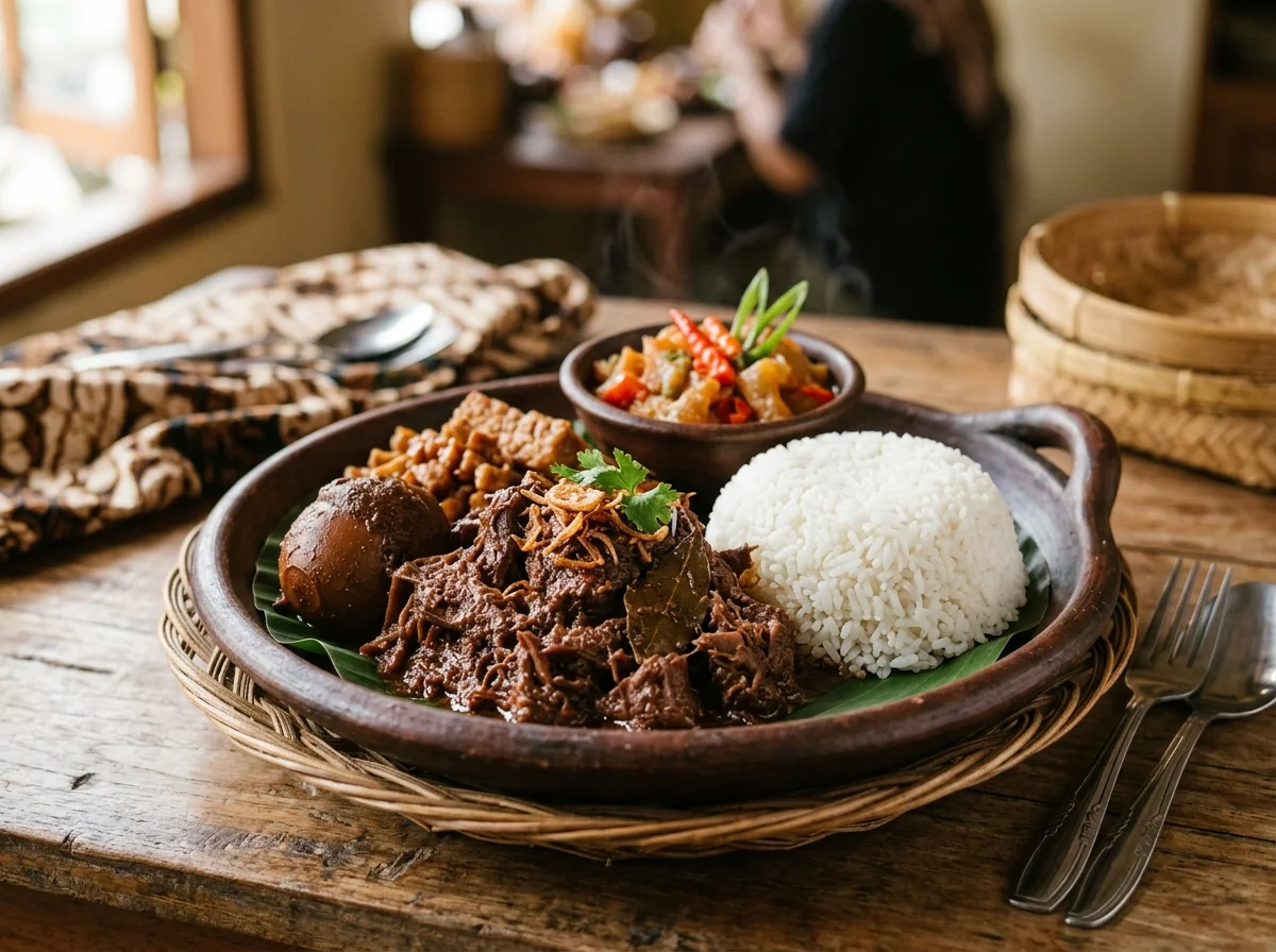 インドネシアの米、肉料理、辛味副菜を一皿に盛った食卓