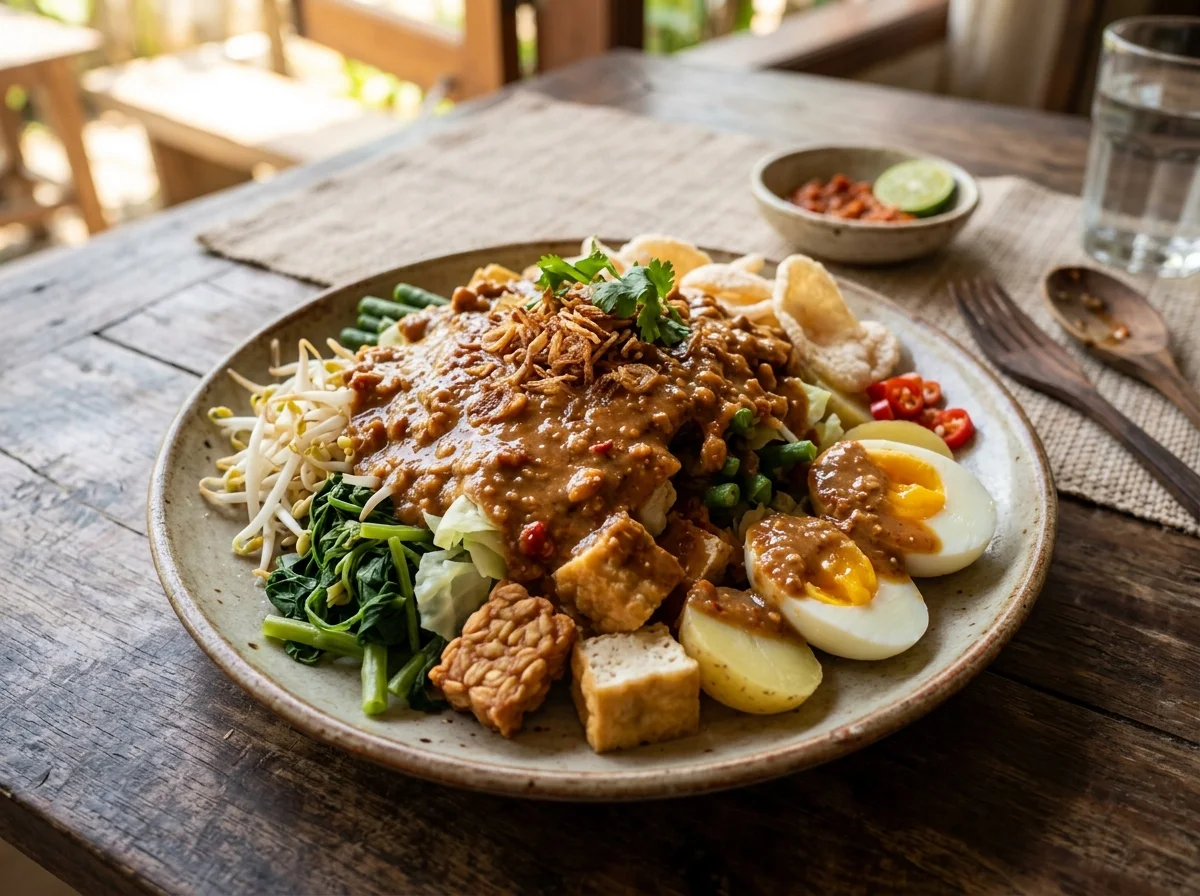 インドネシア料理の食卓にサンバルや香草が並ぶ様子