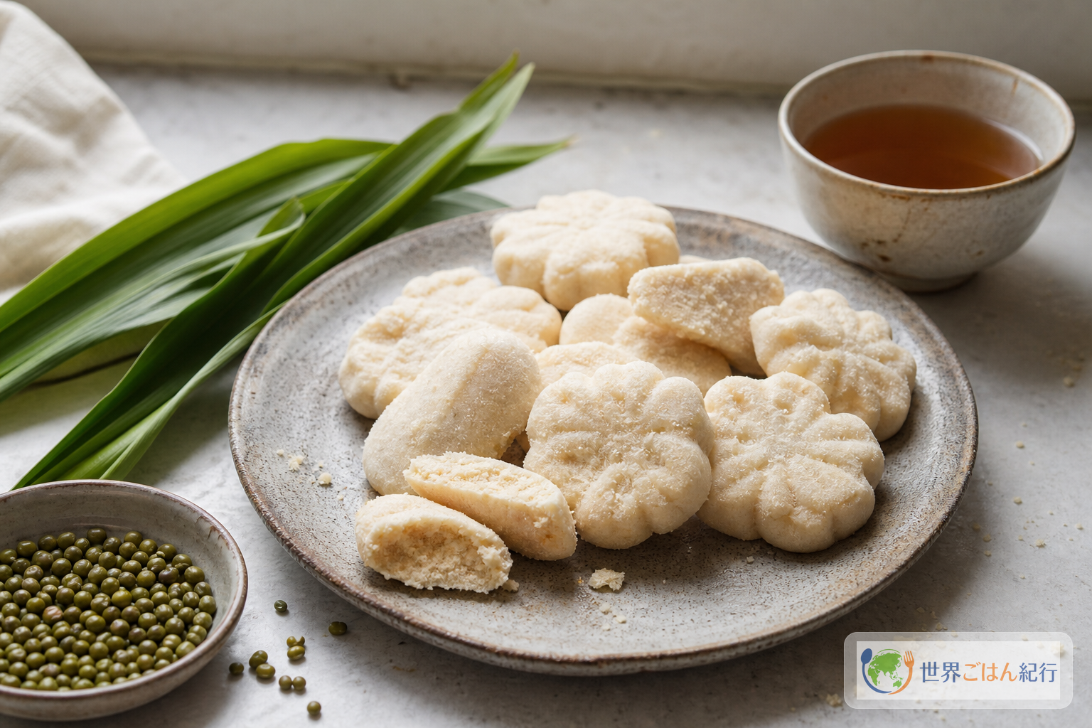 緑豆粉で作ったインドネシアのクエ・サトゥを茶とパンダンリーフと一緒に盛った皿