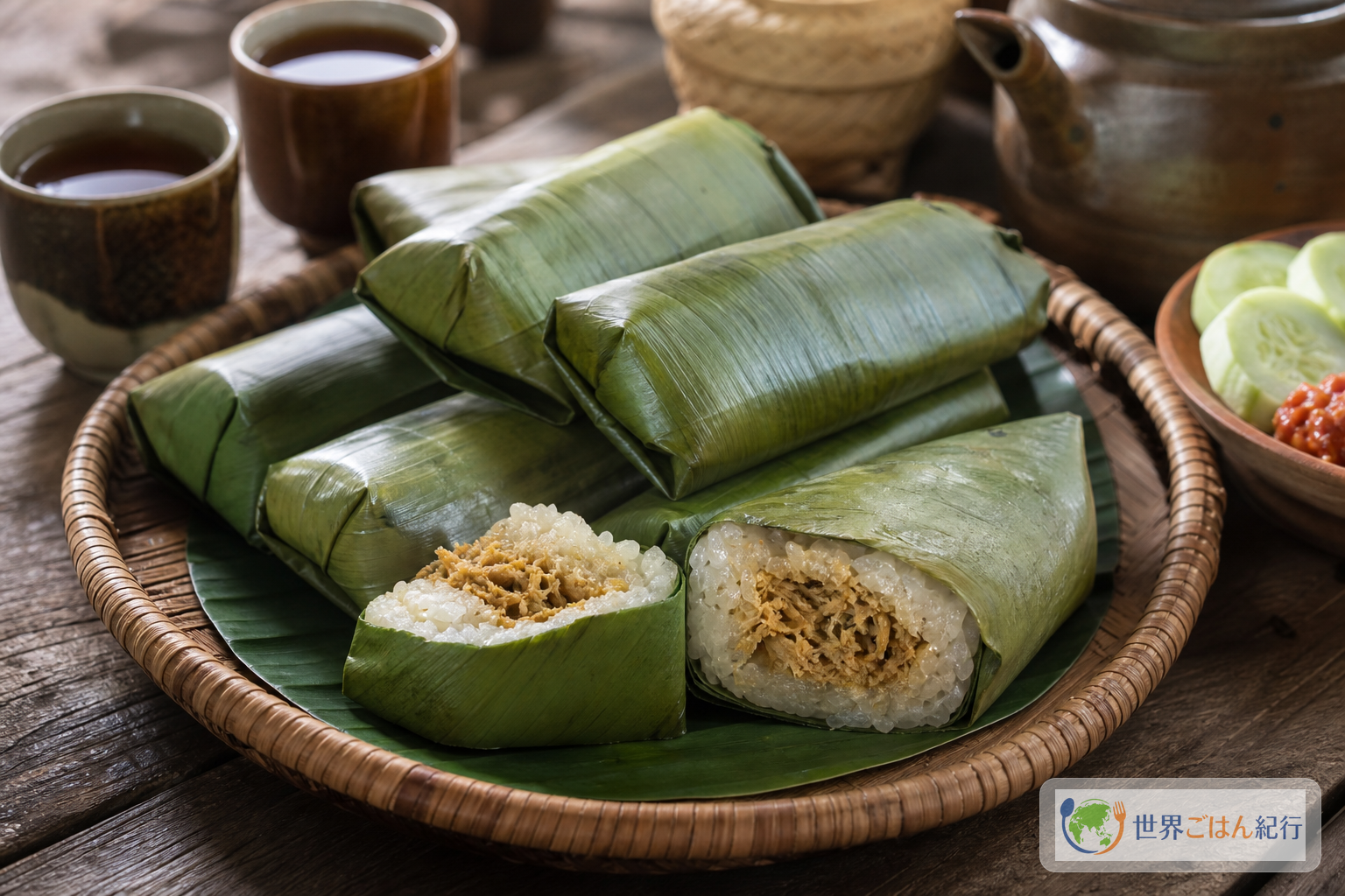 レンパーを切って皿に盛り、サンバルと温かいお茶を添えた食卓