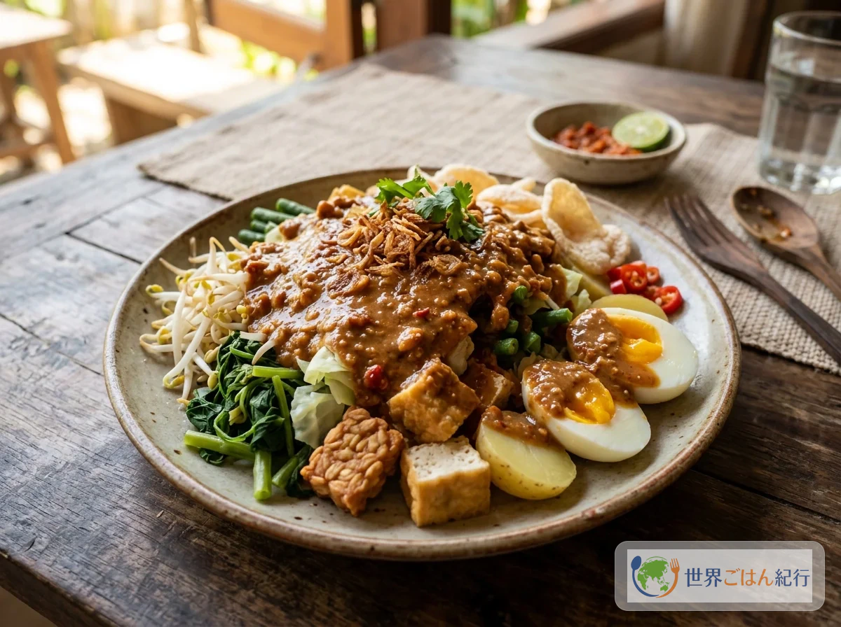 インドネシア料理の食卓にサンバルや香草が並ぶ様子