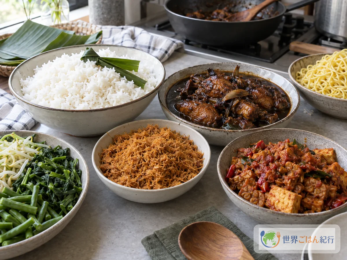 鶏の煮込み、セロンドン、サンバルゴレン、ウラプ、麺を小皿へ分けて仕上げる途中の台所