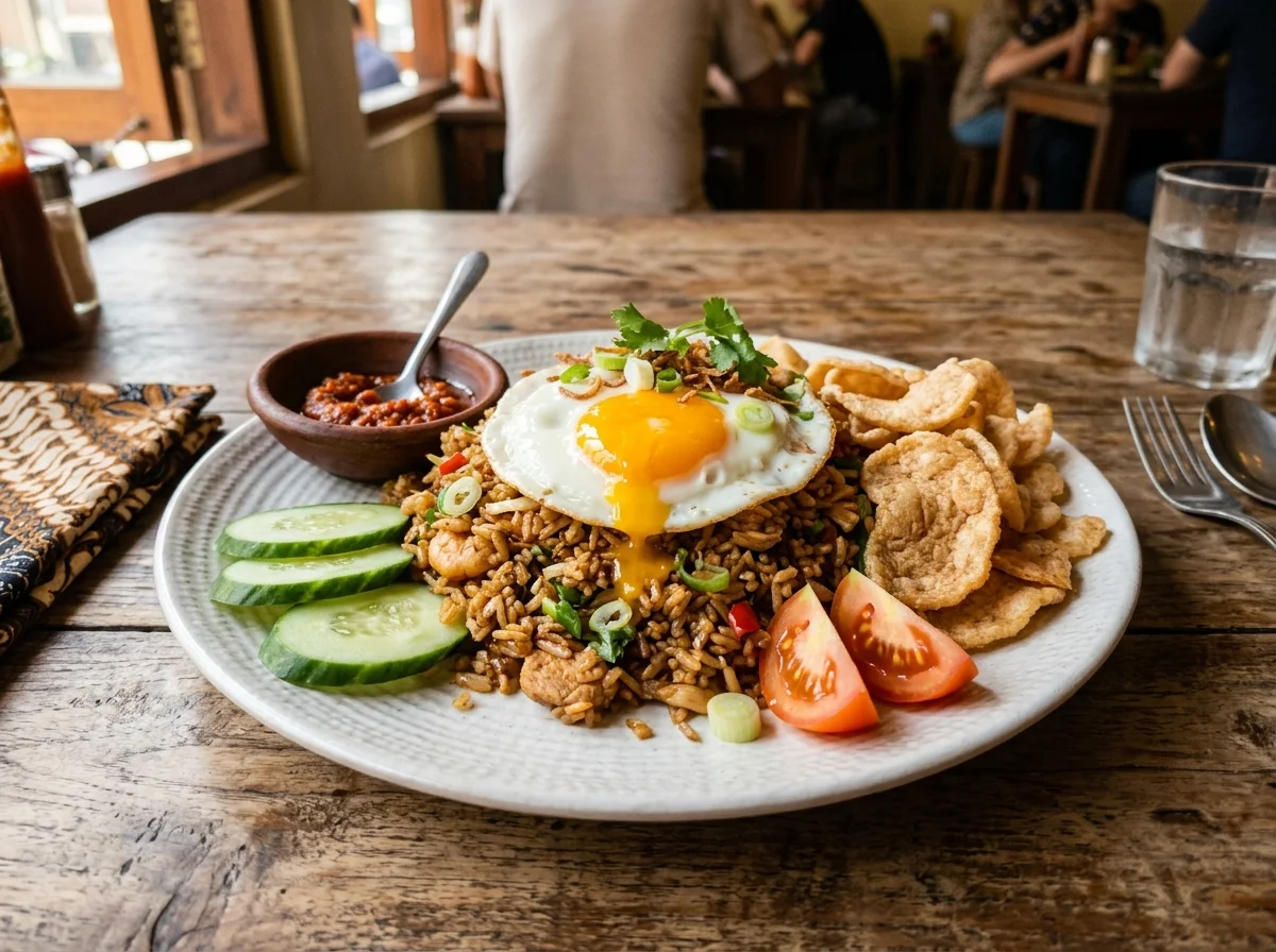 ナシゴレン。目玉焼きとクルプックが添えられたインドネシア風炒め飯