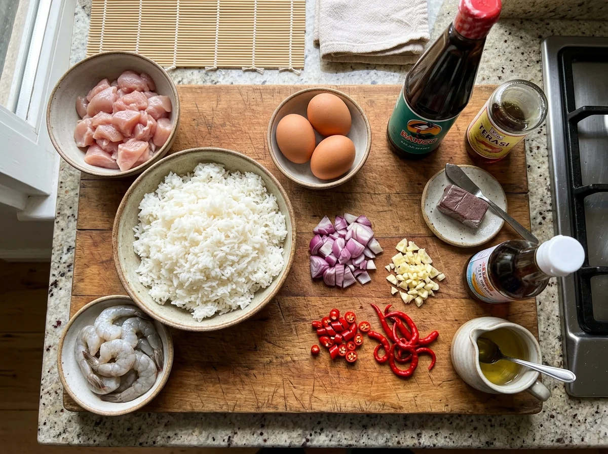 ナシゴレンが並ぶインドネシアの屋台。蒸気が立ち上る中华锅で手際よく調理する様子