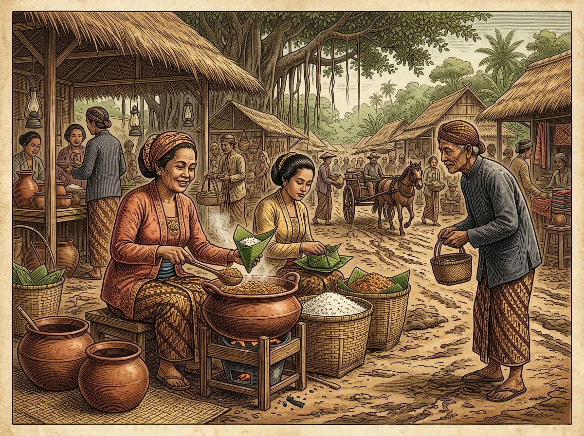 19世紀のジャワ島の市場の様子を描いたイラスト。炊いたご飯を売る露天が描かれている