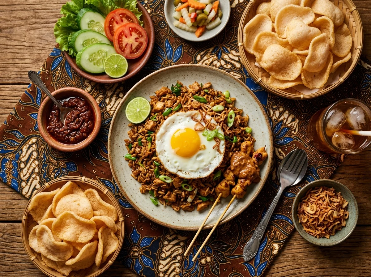 完成したナシゴレンの全景。目玉焼き、クルプック、サンバルテラシを添えた本格的な盛り付け