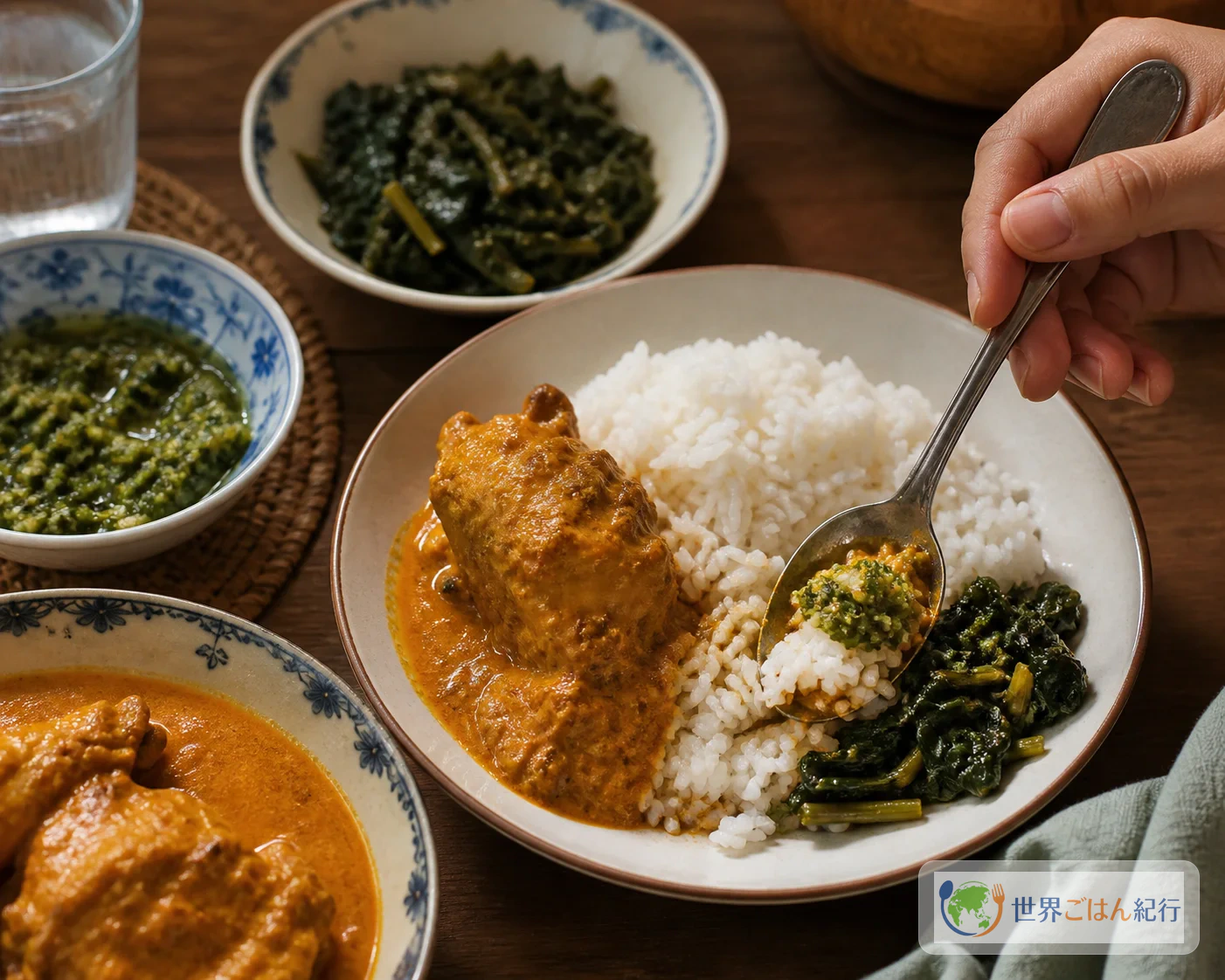 小皿のナシパダンを手で少しずつ組み合わせて食べるイメージ