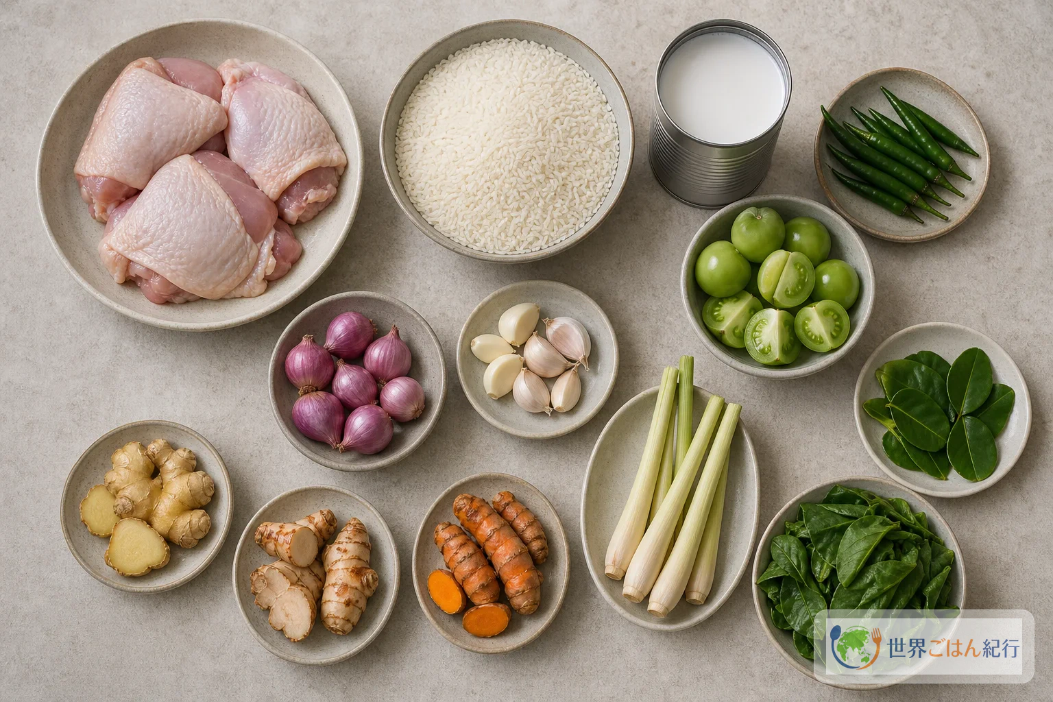 鶏肉、ココナッツミルク、青唐辛子、香味野菜、米、青菜を並べた材料