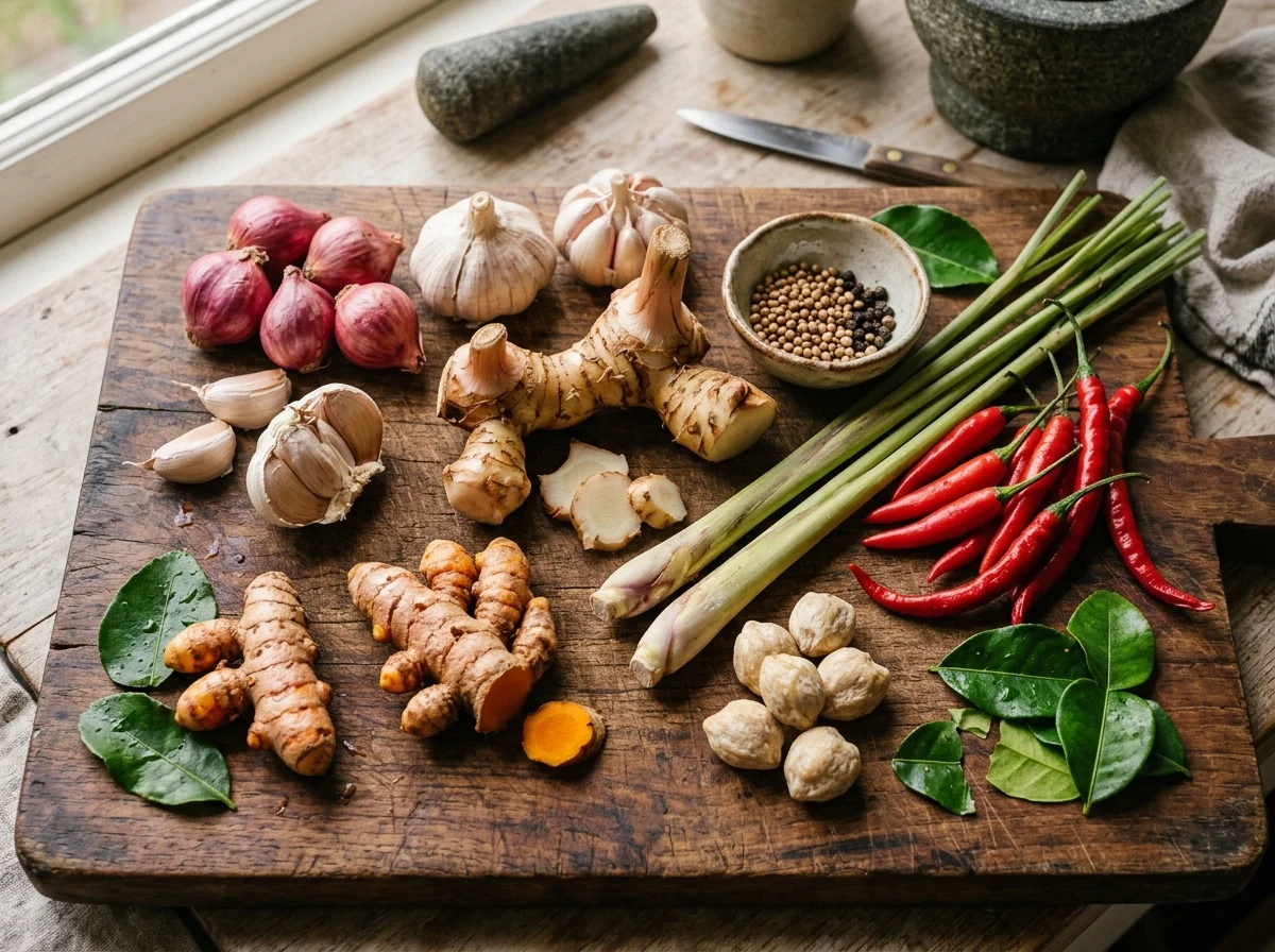 レンダンのスパイスペーストの材料。ガランガル、レモングラス、ターメリック、赤唐辛子、エシャロット、にんにくが並ぶ