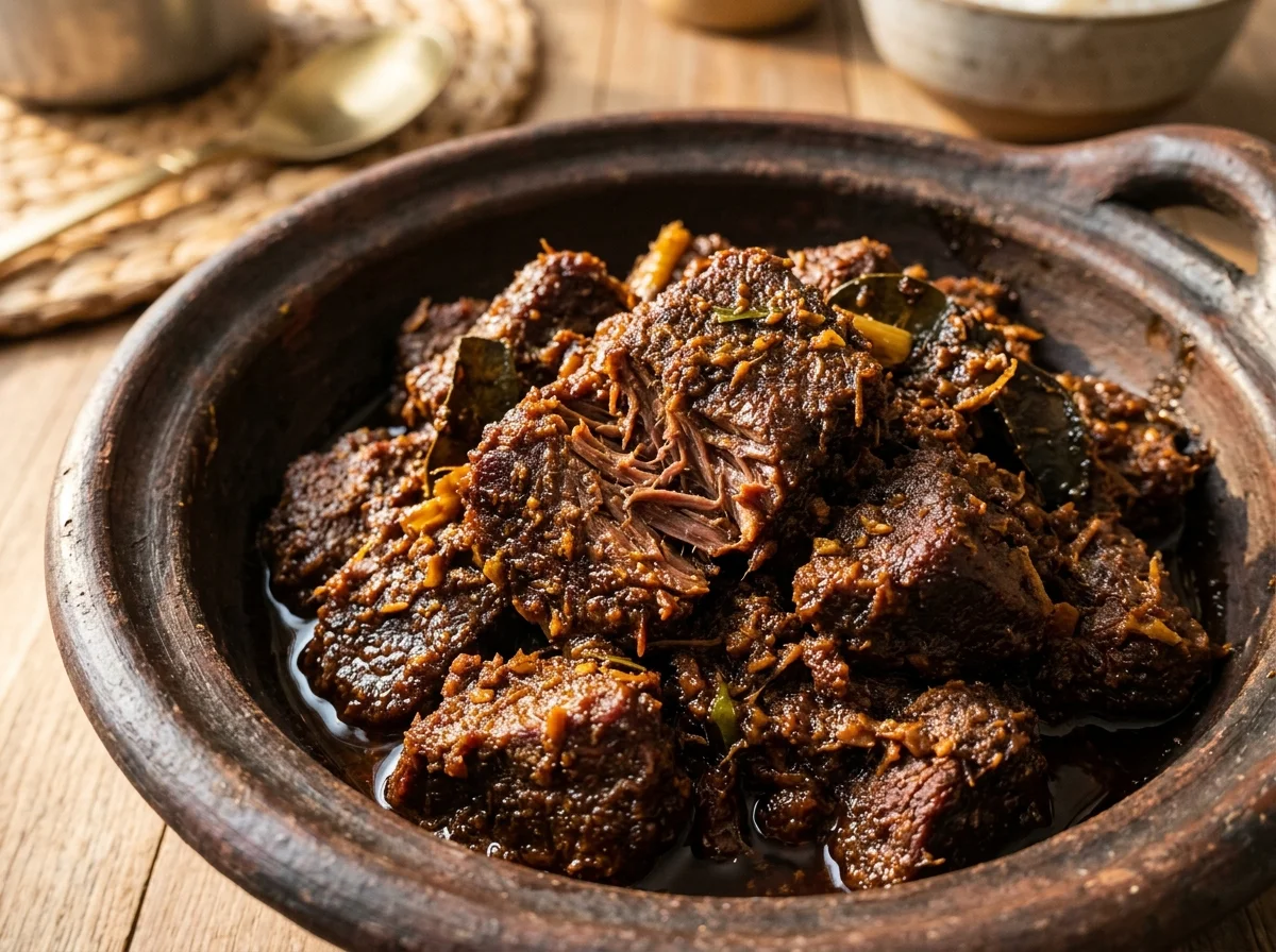 レンダンの完成品。黒褐色に煮込まれた牛肉にスパイスのコーティングが輝いている